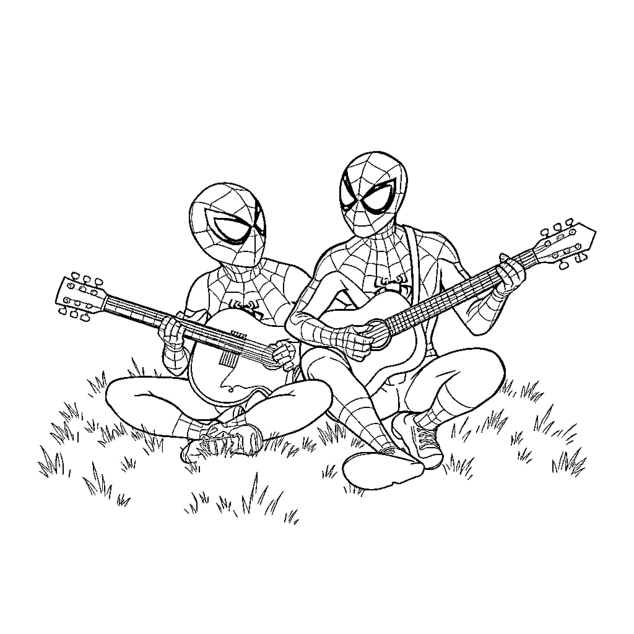 Bluey and Spider-Man playing guitars outdoors Coloring Page (free black-and-white line drawing printable PDF for all, from beginners to advanced learners, including children, teens, adults, and seniors)