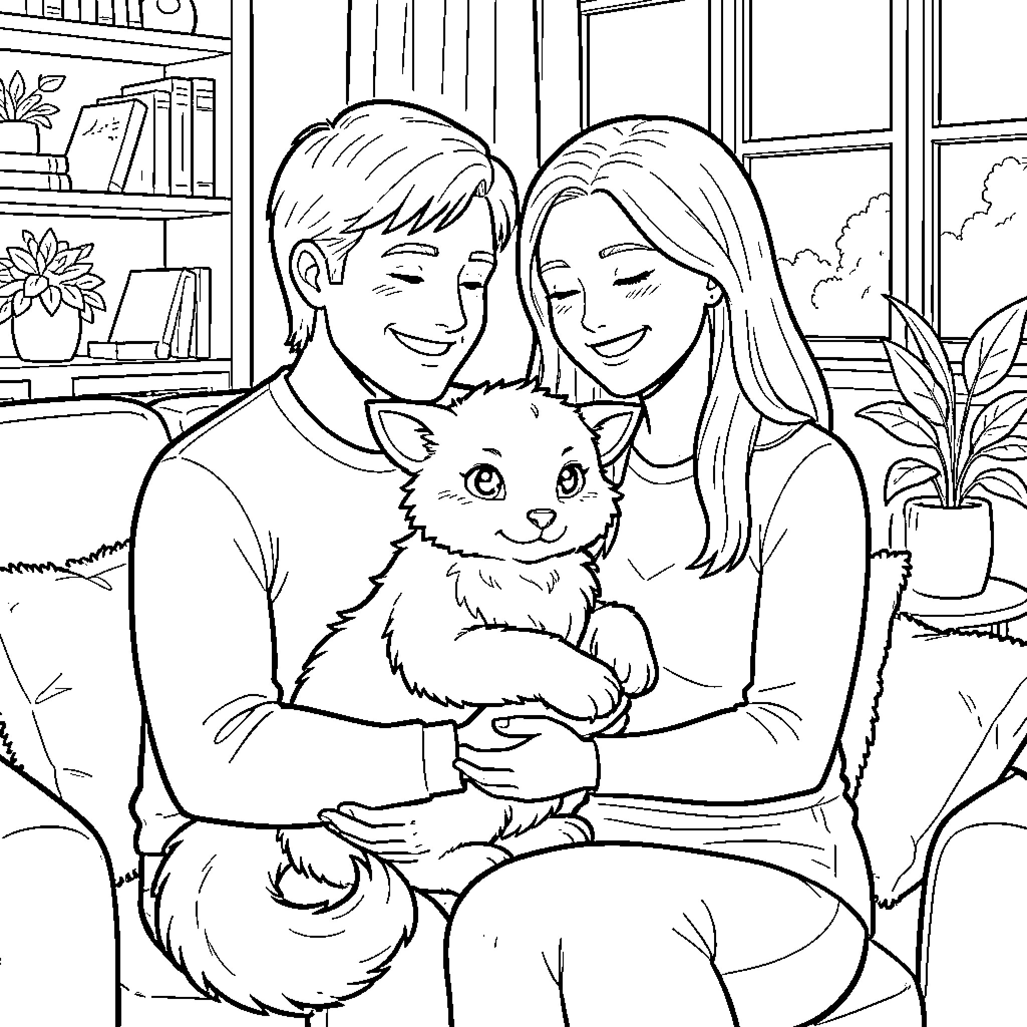 Gryphon couple cuddling a pet in cozy home Coloring Page (free black-and-white line drawing printable PDF for all, from beginners to advanced learners, including children, teens, adults, and seniors)