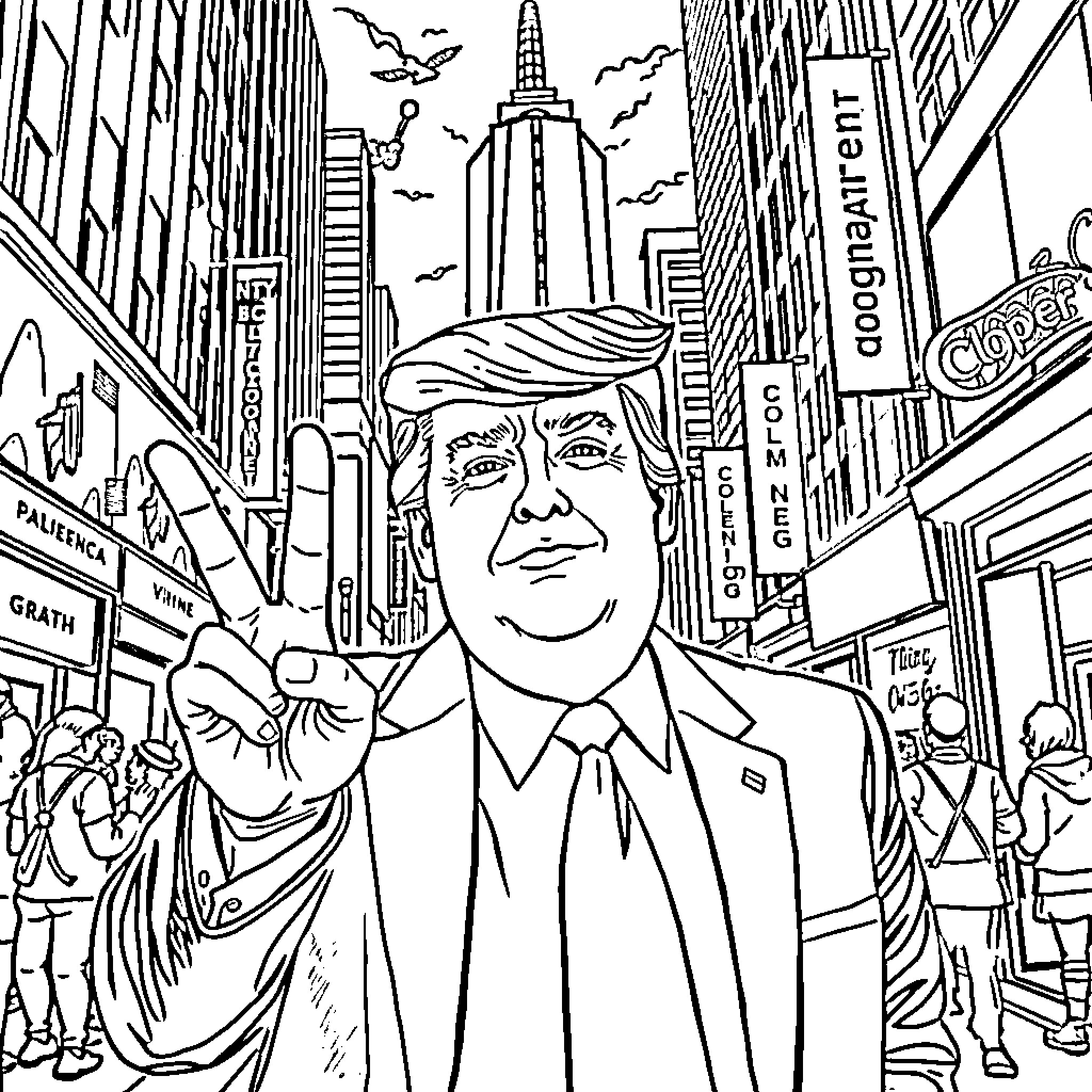 Donald Trump in the bustling streets of New York City Coloring Page (free black-and-white line drawing printable PDF for all, from beginners to advanced learners, including children, teens, adults, and seniors)