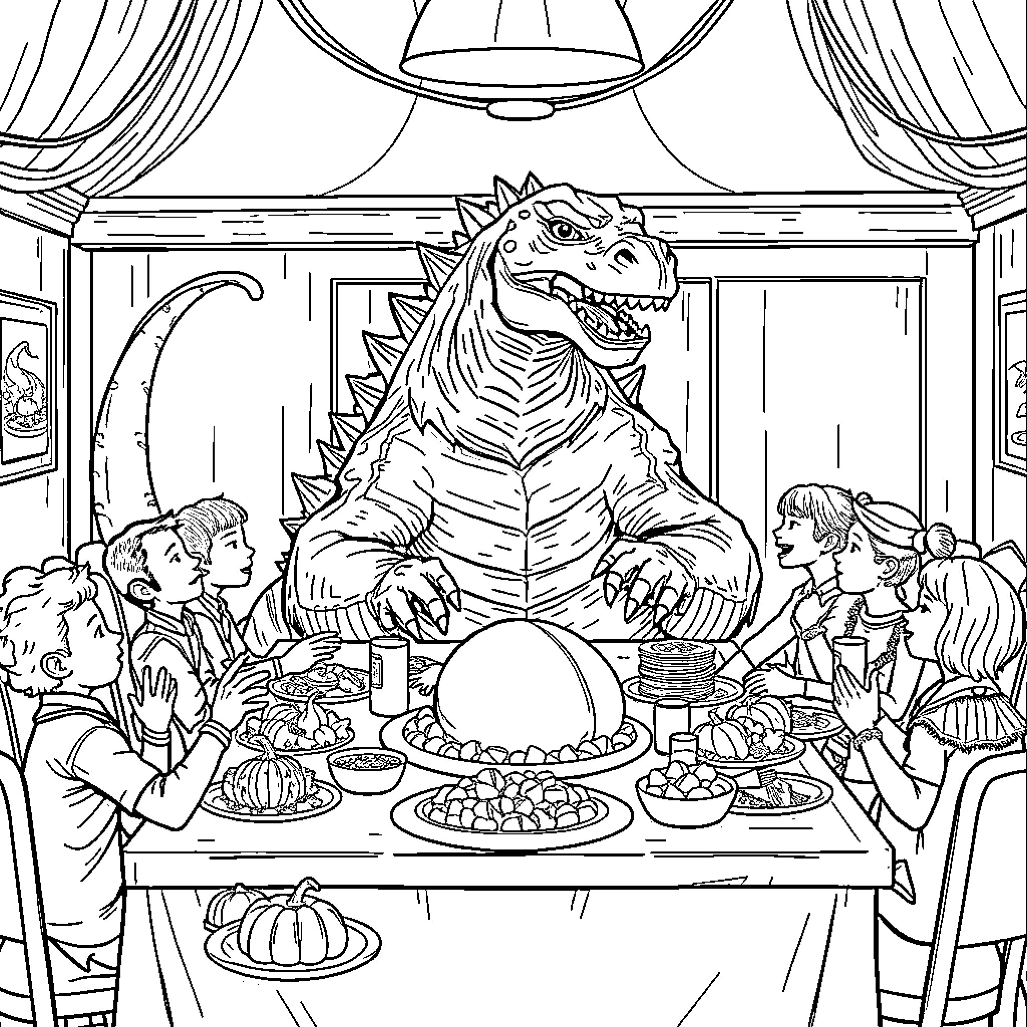 Godzilla crashes a family Thanksgiving dinner Coloring Page (free black-and-white line drawing printable PDF for all, from beginners to advanced learners, including children, teens, adults, and seniors)