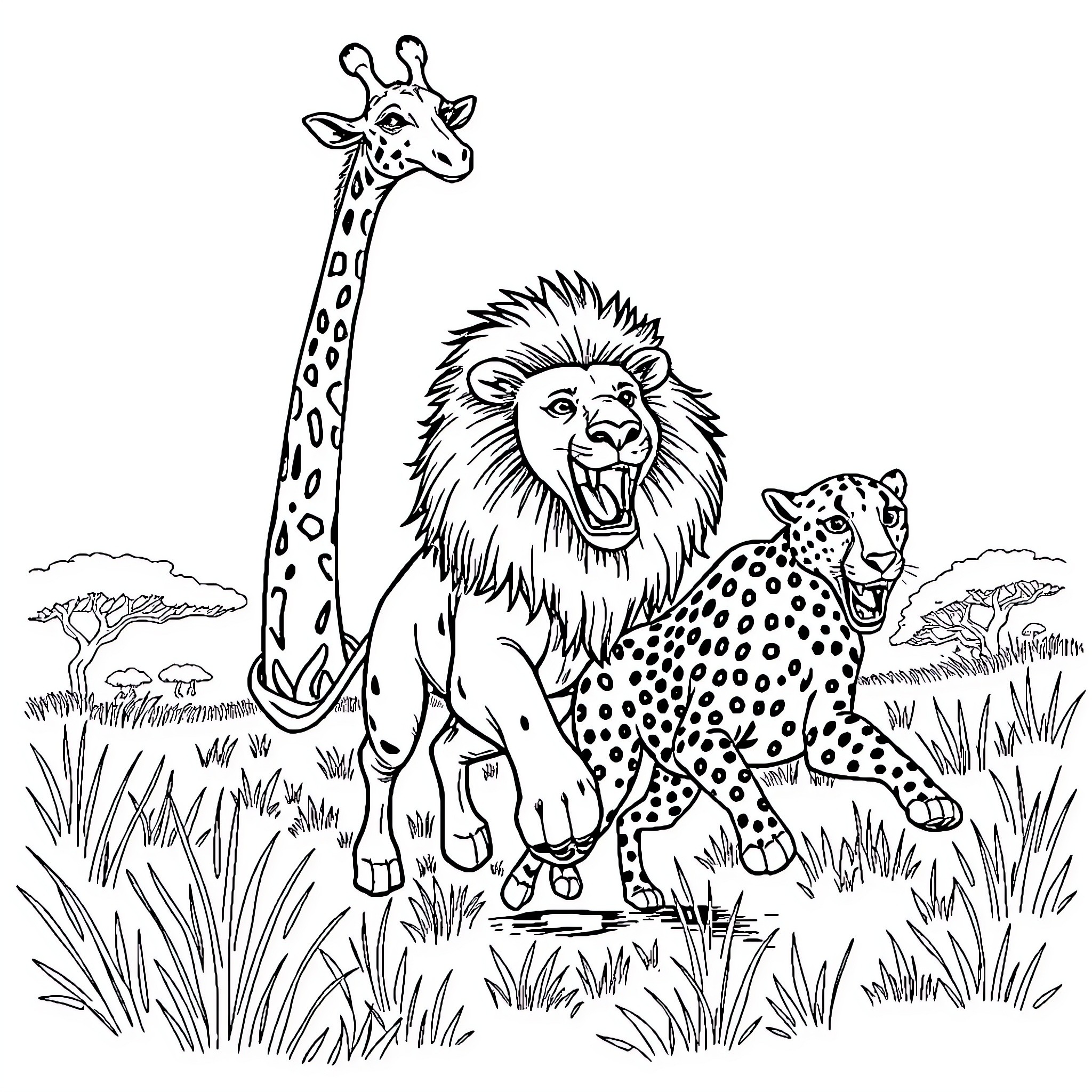 Giraffe, Lion, and Leopard in the Savanna Coloring Page (free black-and-white line drawing printable PDF for all, from beginners to advanced learners, including children, teens, adults, and seniors)