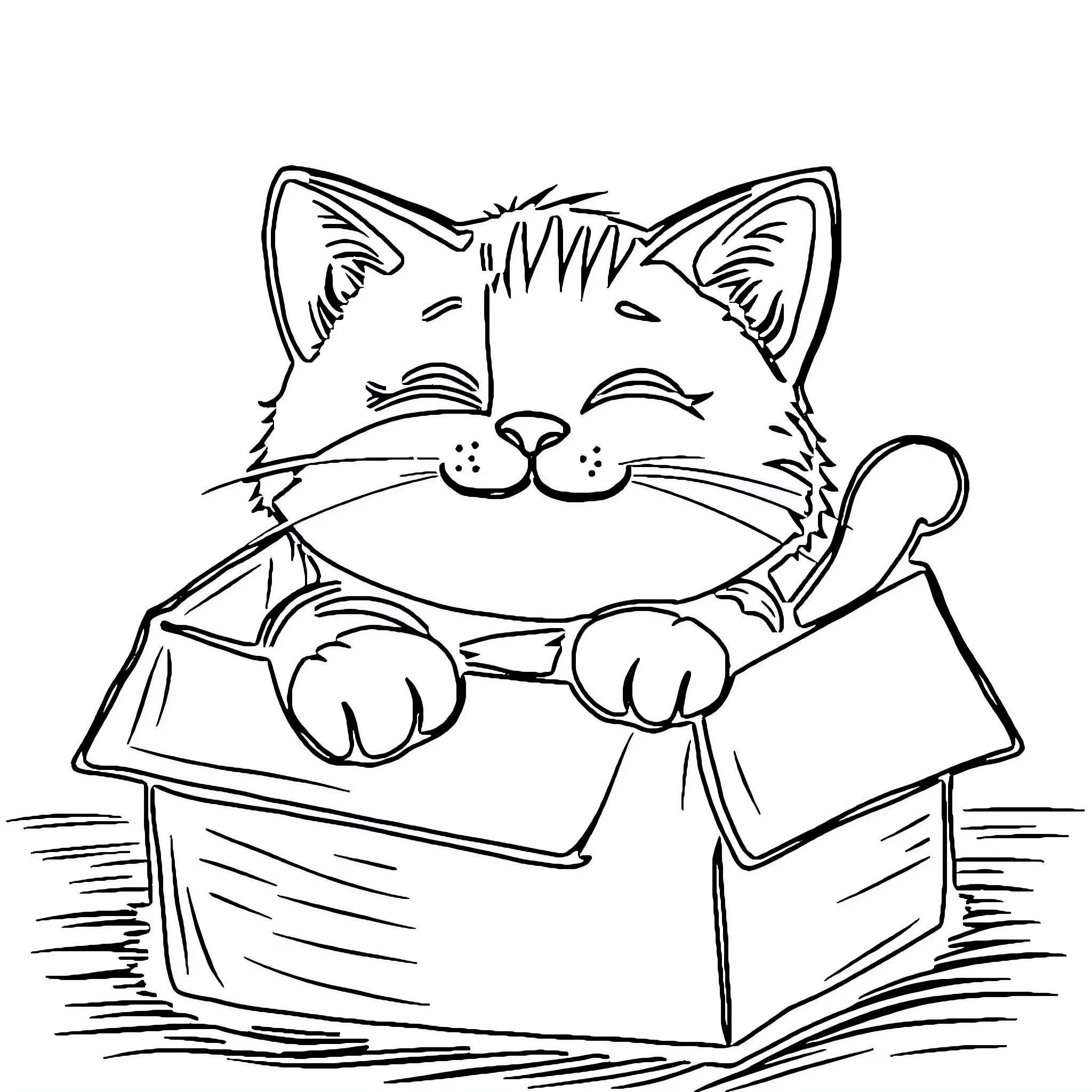 Cat relaxing in cardboard box Coloring Page (free black-and-white line drawing printable PDF for all, from beginners to advanced learners, including children, teens, adults, and seniors)