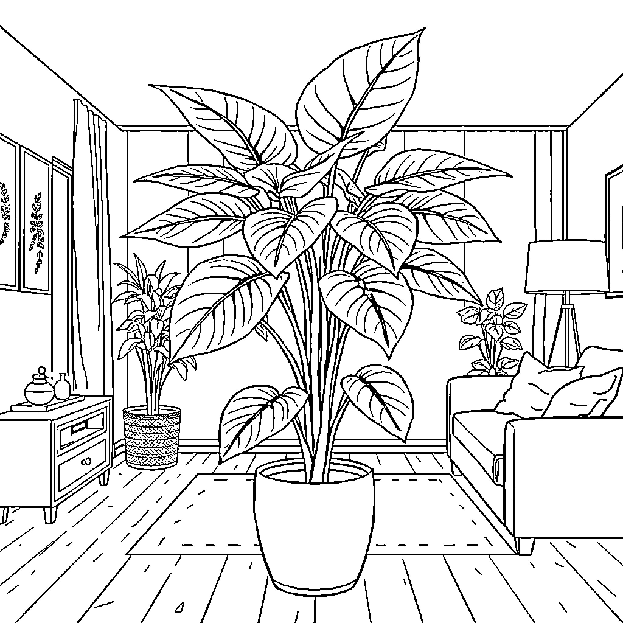 Monstera plant thriving in a cozy indoor setting Coloring Page (free black-and-white line drawing printable PDF for all, from beginners to advanced learners, including children, teens, adults, and seniors)