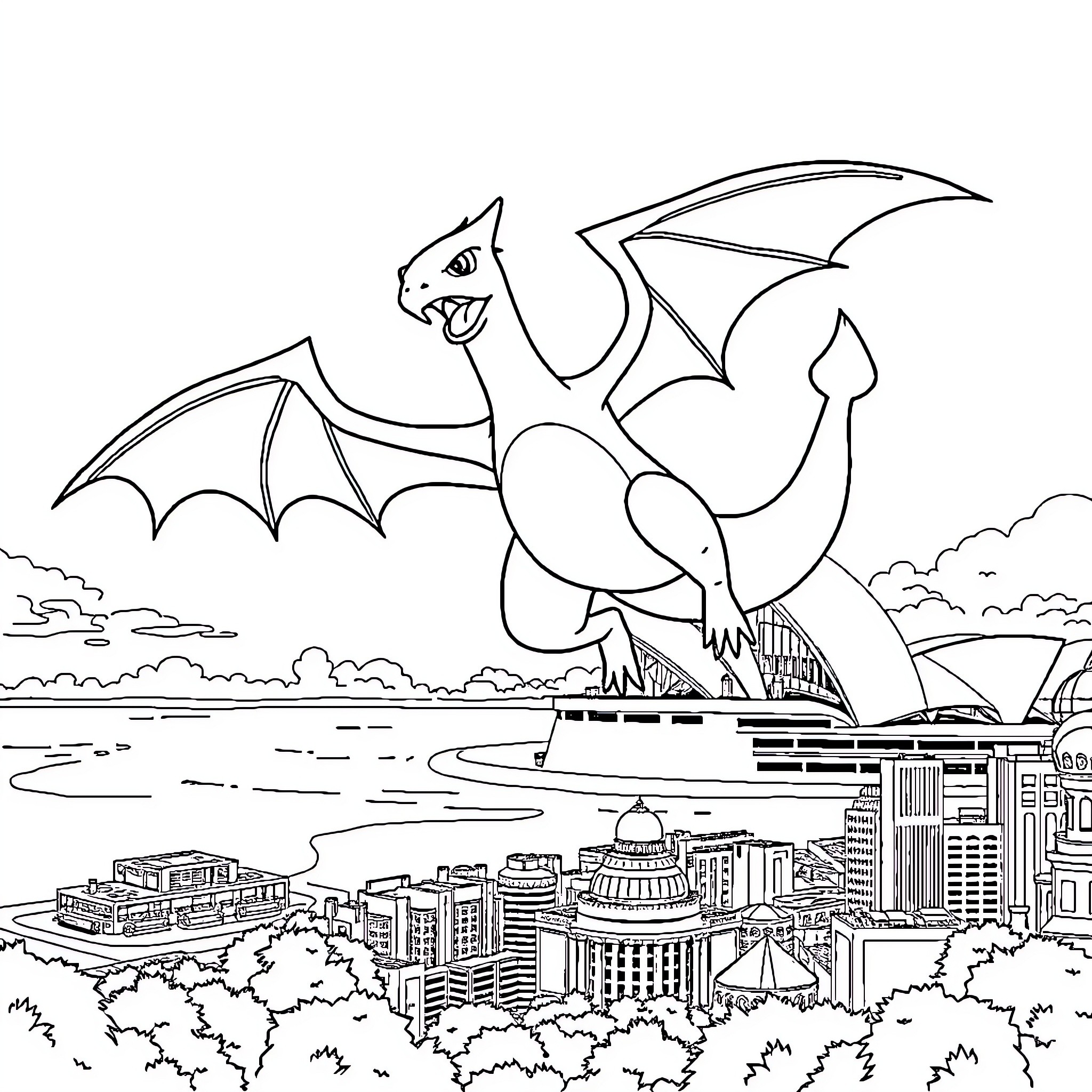 Charizard flying over a city skyline Coloring Page (free black-and-white line drawing printable PDF for all, from beginners to advanced learners, including children, teens, adults, and seniors)