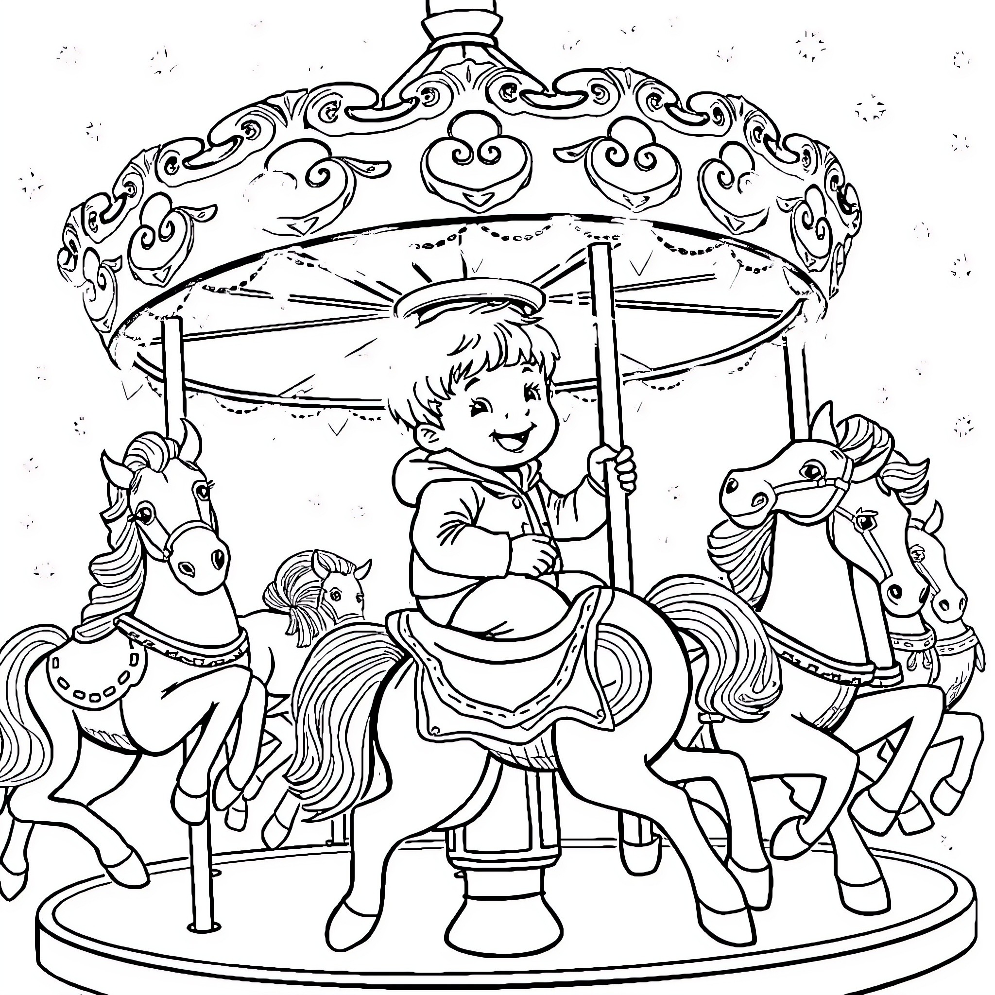 Boy enjoying a ride on a carousel with horses Coloring Page (free black-and-white line drawing printable PDF for all, from beginners to advanced learners, including children, teens, adults, and seniors)