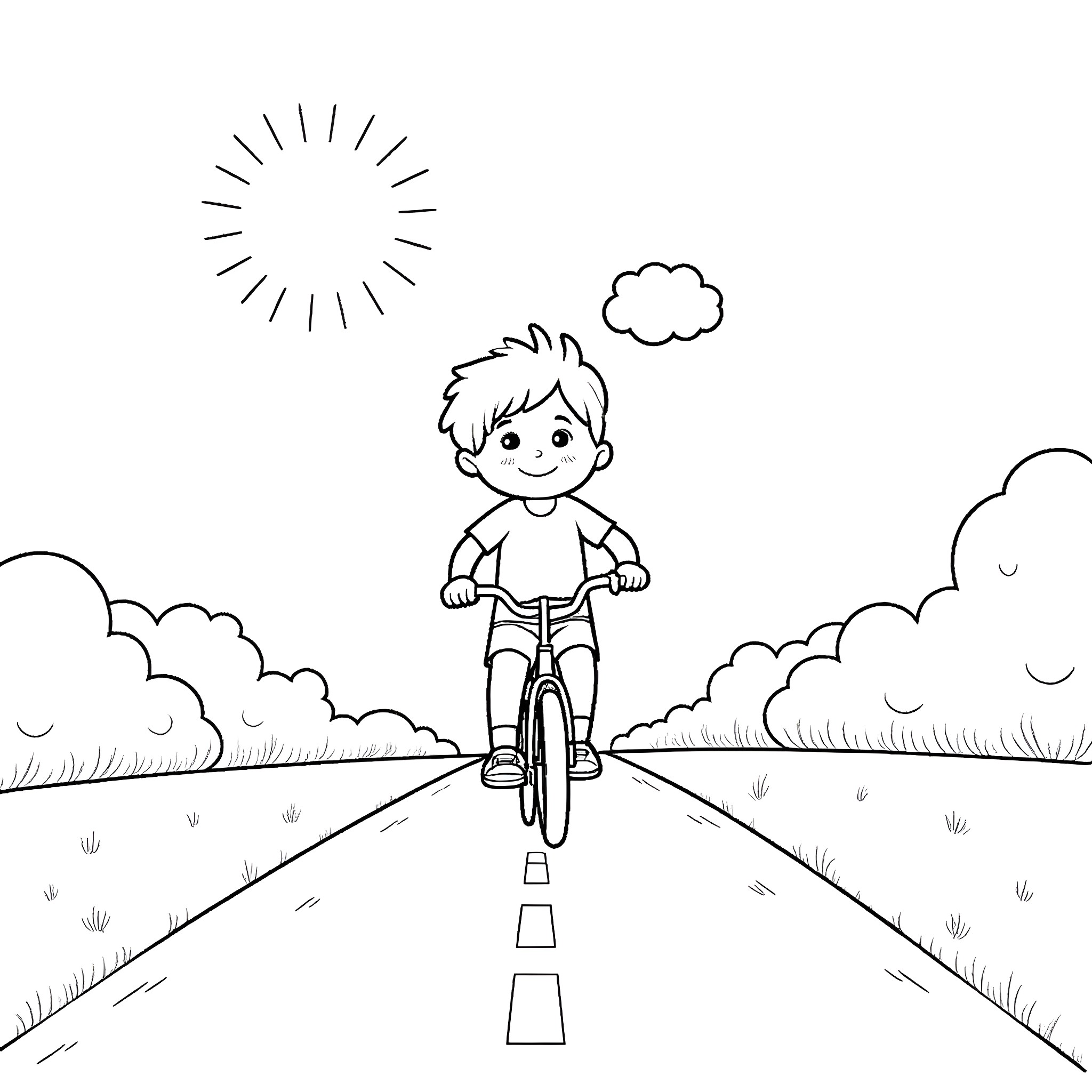 Kid riding bicycle on country road Coloring Page (free black-and-white line drawing printable PDF for all, from beginners to advanced learners, including children, teens, adults, and seniors)