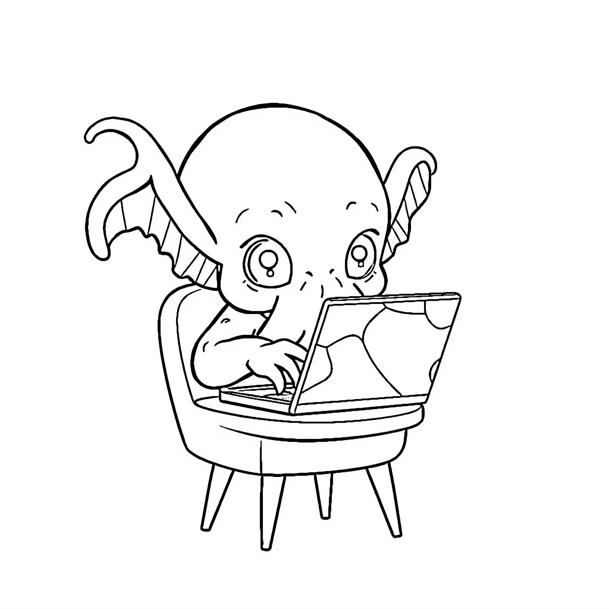 Cthulhu character seated at a computer Coloring Page (free black-and-white line drawing printable PDF for all, from beginners to advanced learners, including children, teens, adults, and seniors)