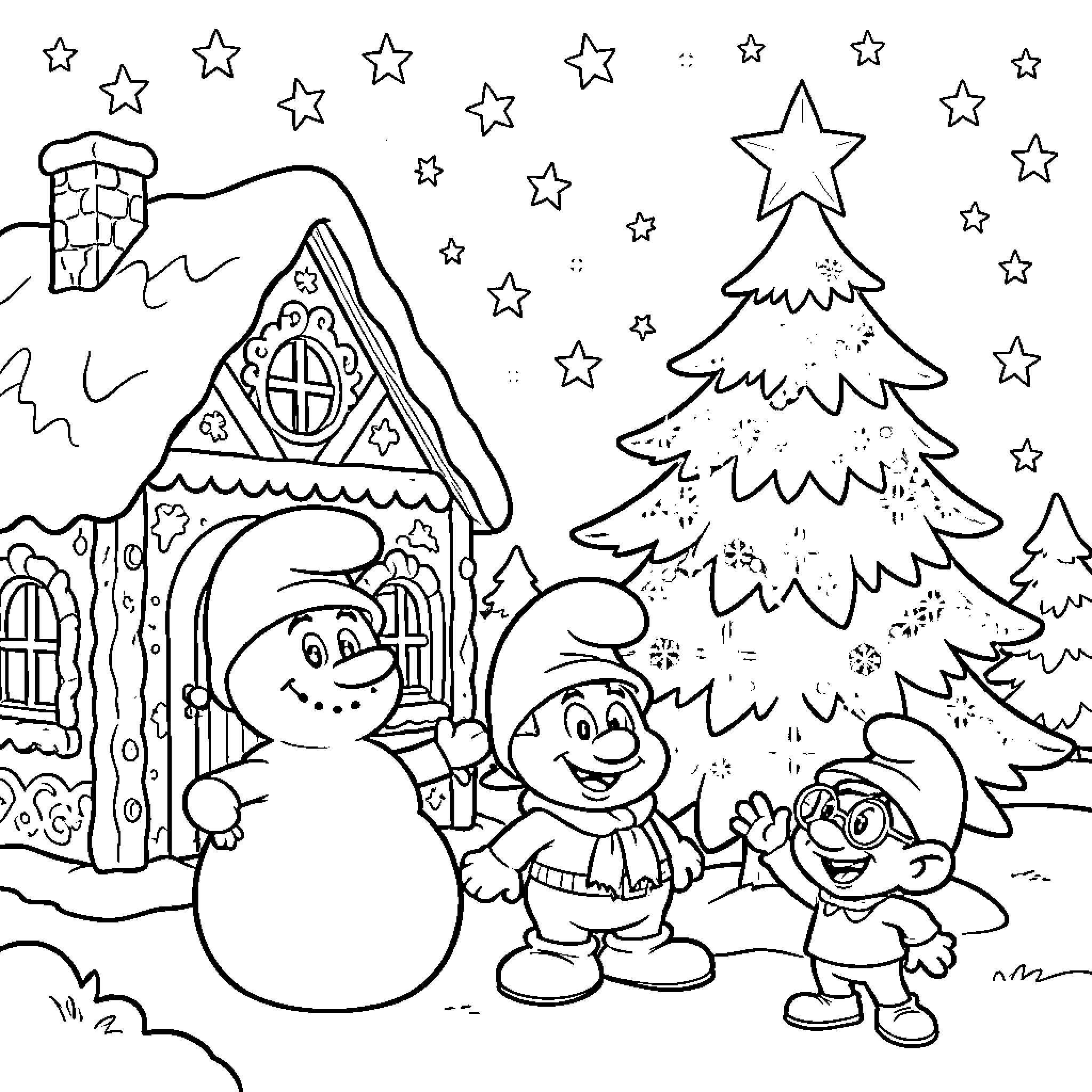 Schtroumpfs building snowman near Christmas tree Coloring Page (free black-and-white line drawing printable PDF for all, from beginners to advanced learners, including children, teens, adults, and seniors)