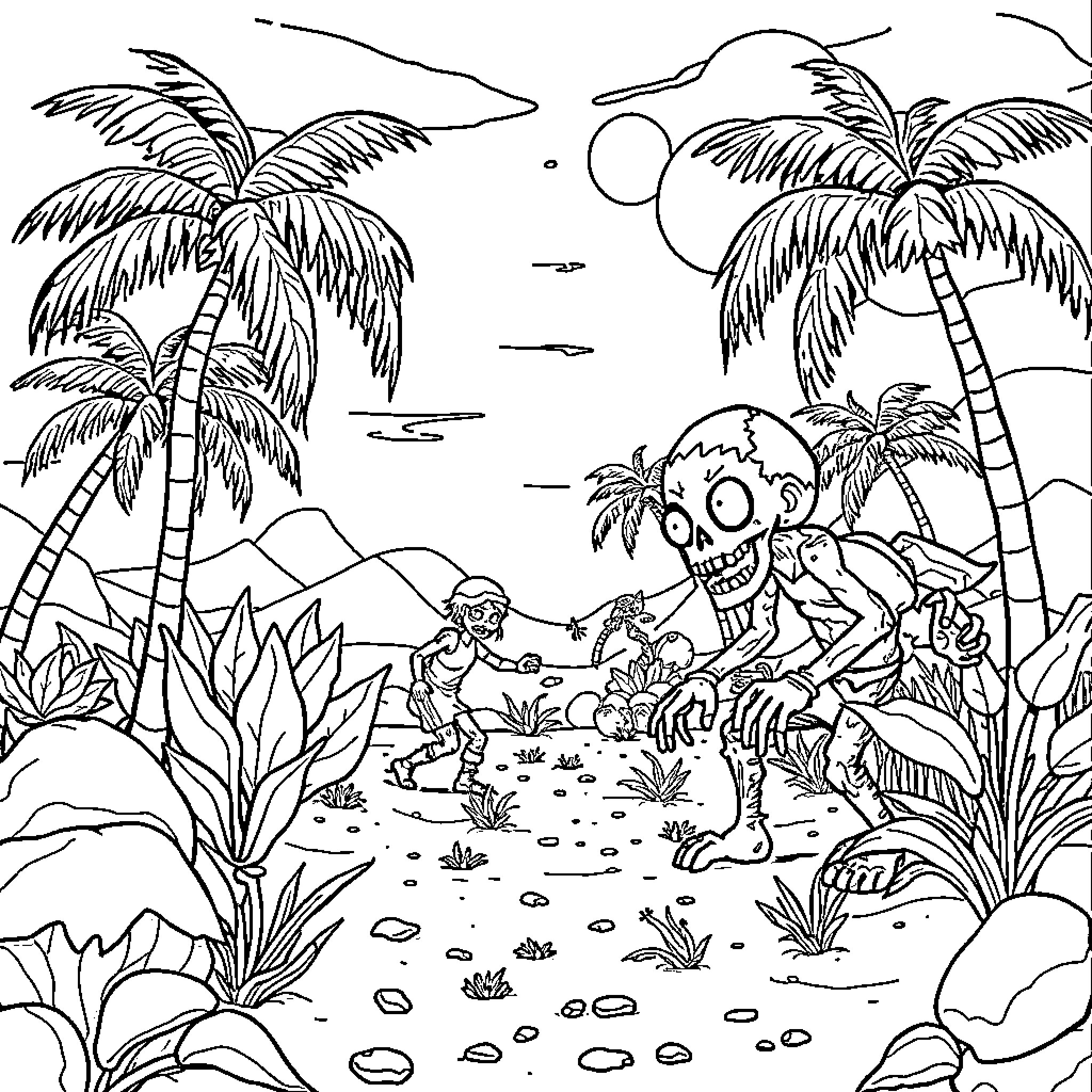 Planta vs Zombie: Tropical Clash in the Jungle Coloring Page (free black-and-white line drawing printable PDF for all, from beginners to advanced learners, including children, teens, adults, and seniors)