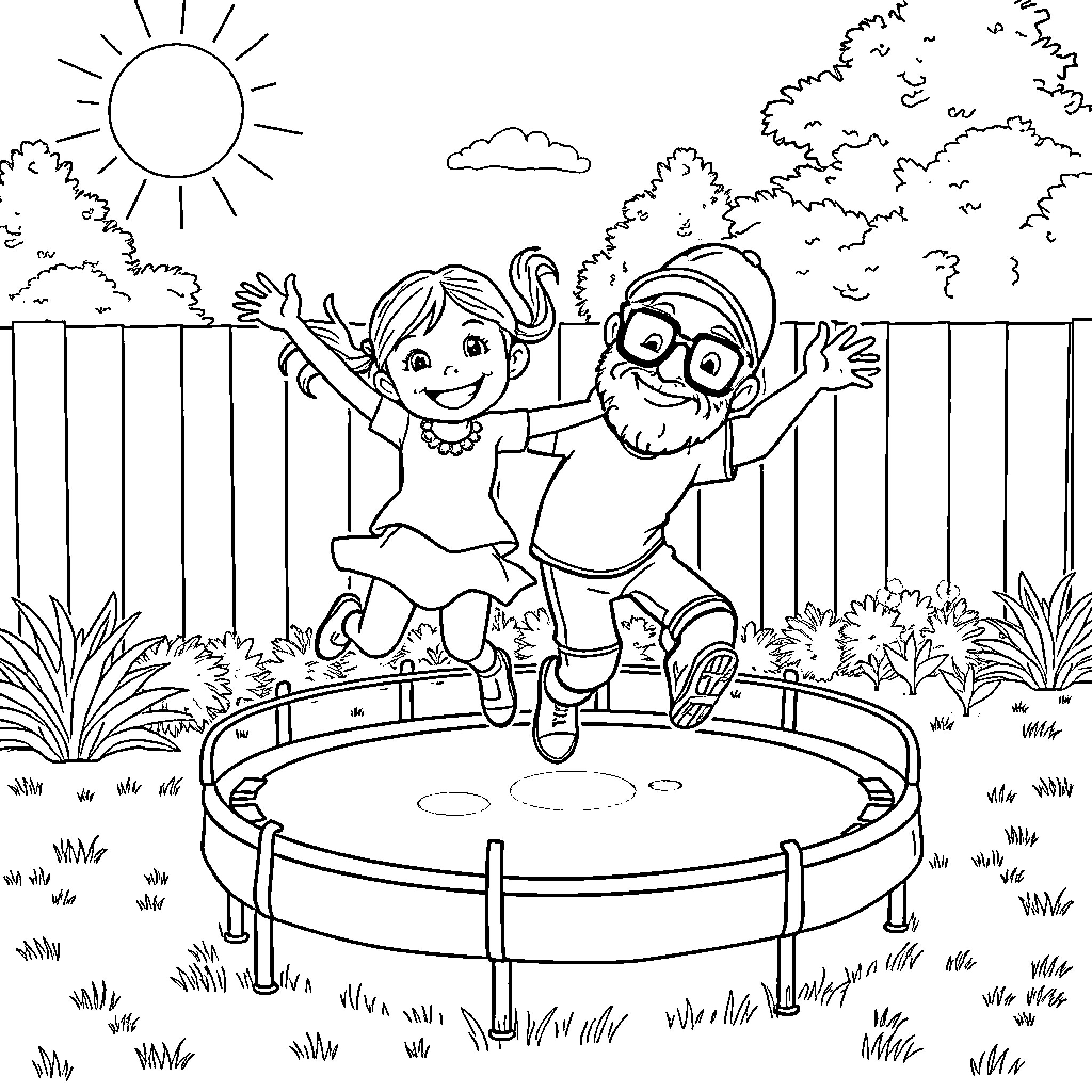 Girl jumping happily with her grandparent in the backyard Coloring Page (free black-and-white line drawing printable PDF for all, from beginners to advanced learners, including children, teens, adults, and seniors)