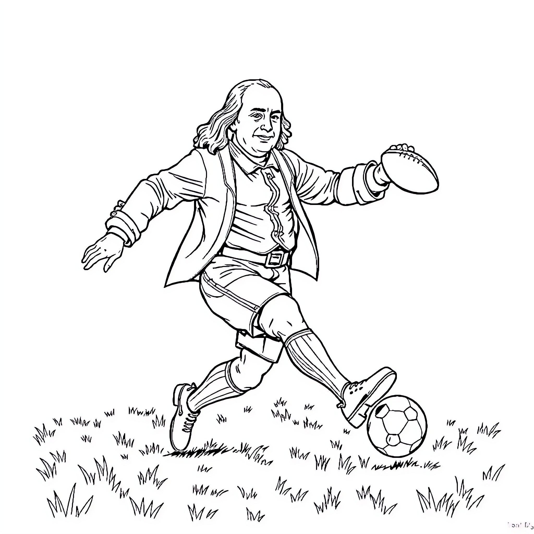 Ben Franklin playing with a soccer ball Coloring Page (free black-and-white line drawing printable PDF for all, from beginners to advanced learners, including children, teens, adults, and seniors)