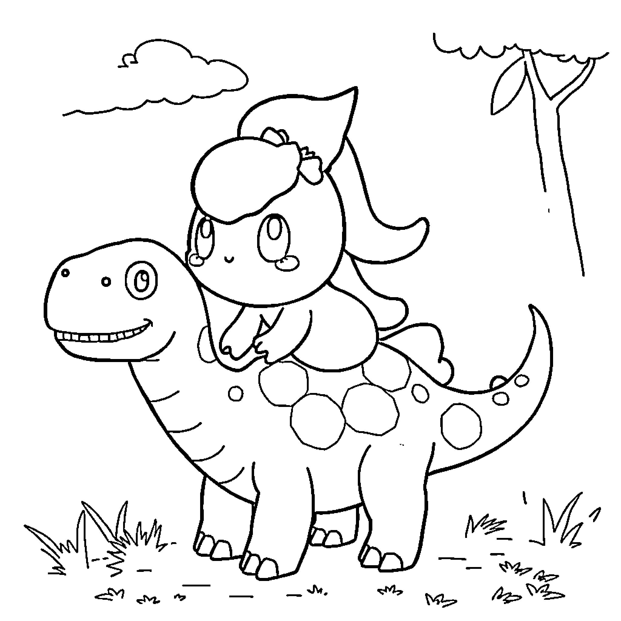 Cinnamoroll riding a playful dinosaur in nature Coloring Page (free black-and-white line drawing printable PDF for all, from beginners to advanced learners, including children, teens, adults, and seniors)