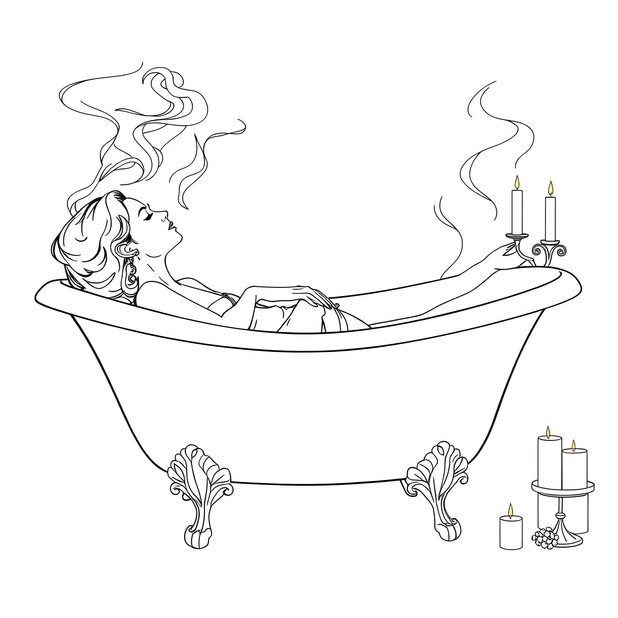Woman relaxing in a candlelit bathtub Coloring Page (free black-and-white line drawing printable PDF for all, from beginners to advanced learners, including children, teens, adults, and seniors)