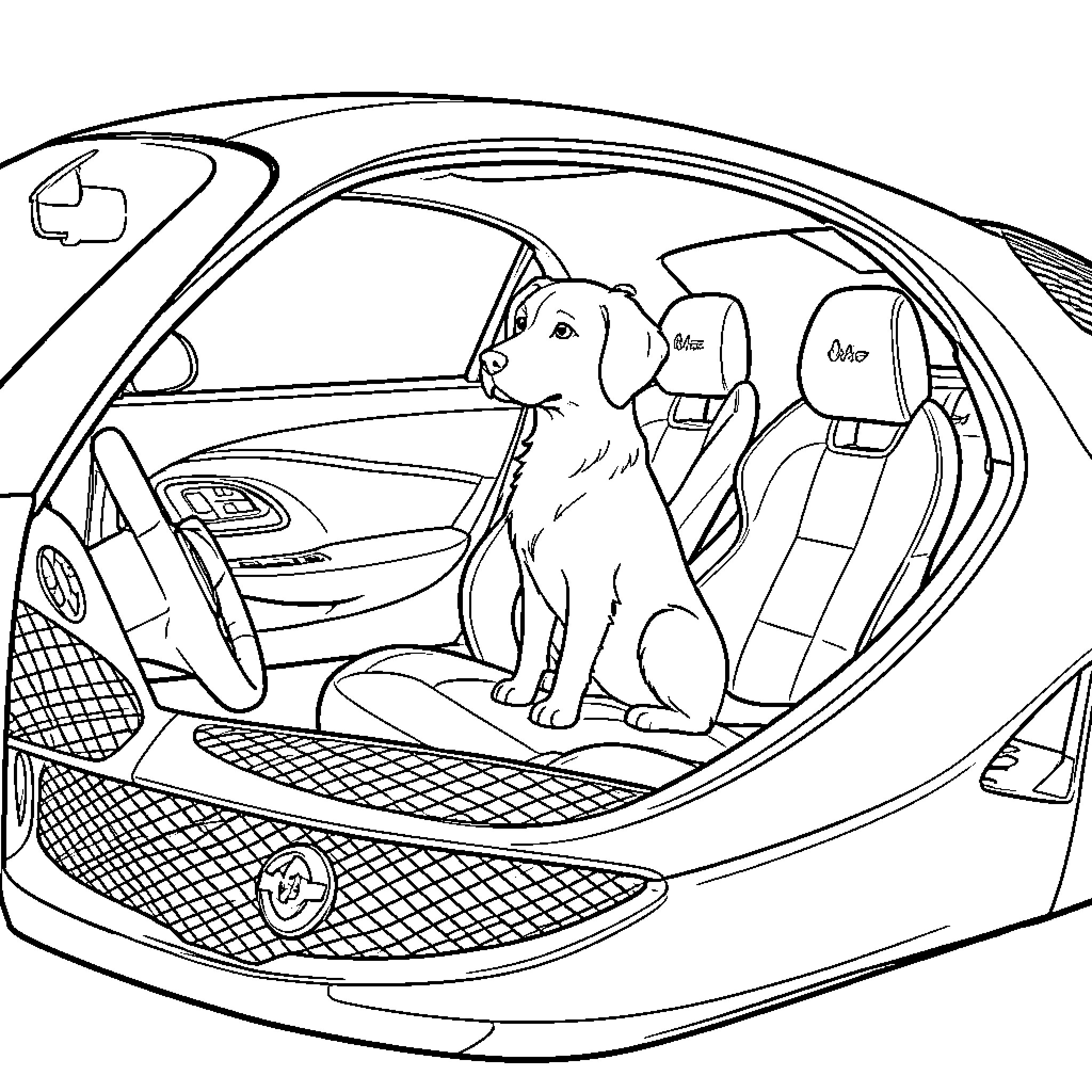 Dog sitting calmly in the passenger seat of a car Coloring Page (free black-and-white line drawing printable PDF for all, from beginners to advanced learners, including children, teens, adults, and seniors)