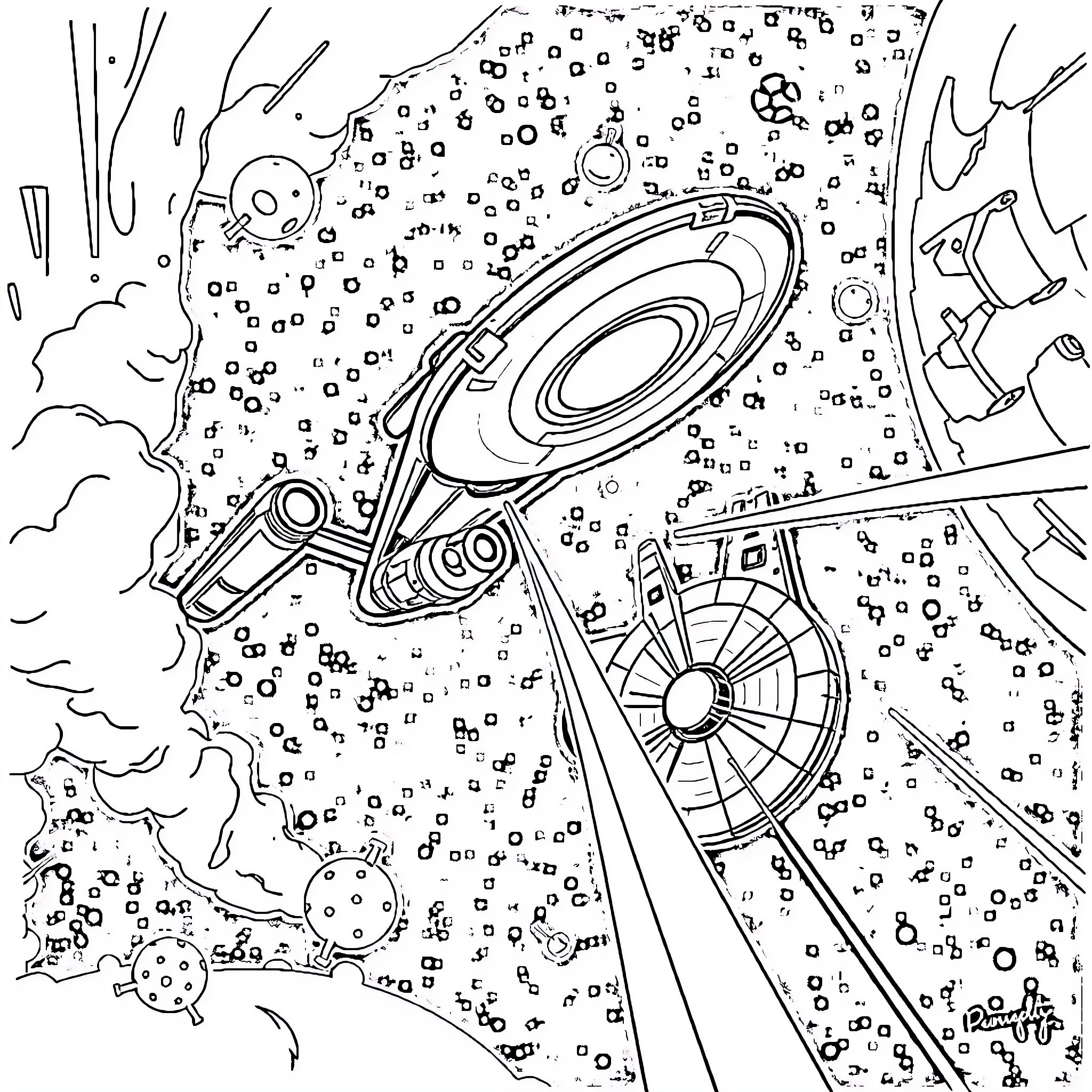 USS Enterprise Navigating Through Cosmic Phenomena Coloring Page (free black-and-white line drawing printable PDF for all, from beginners to advanced learners, including children, teens, adults, and seniors)