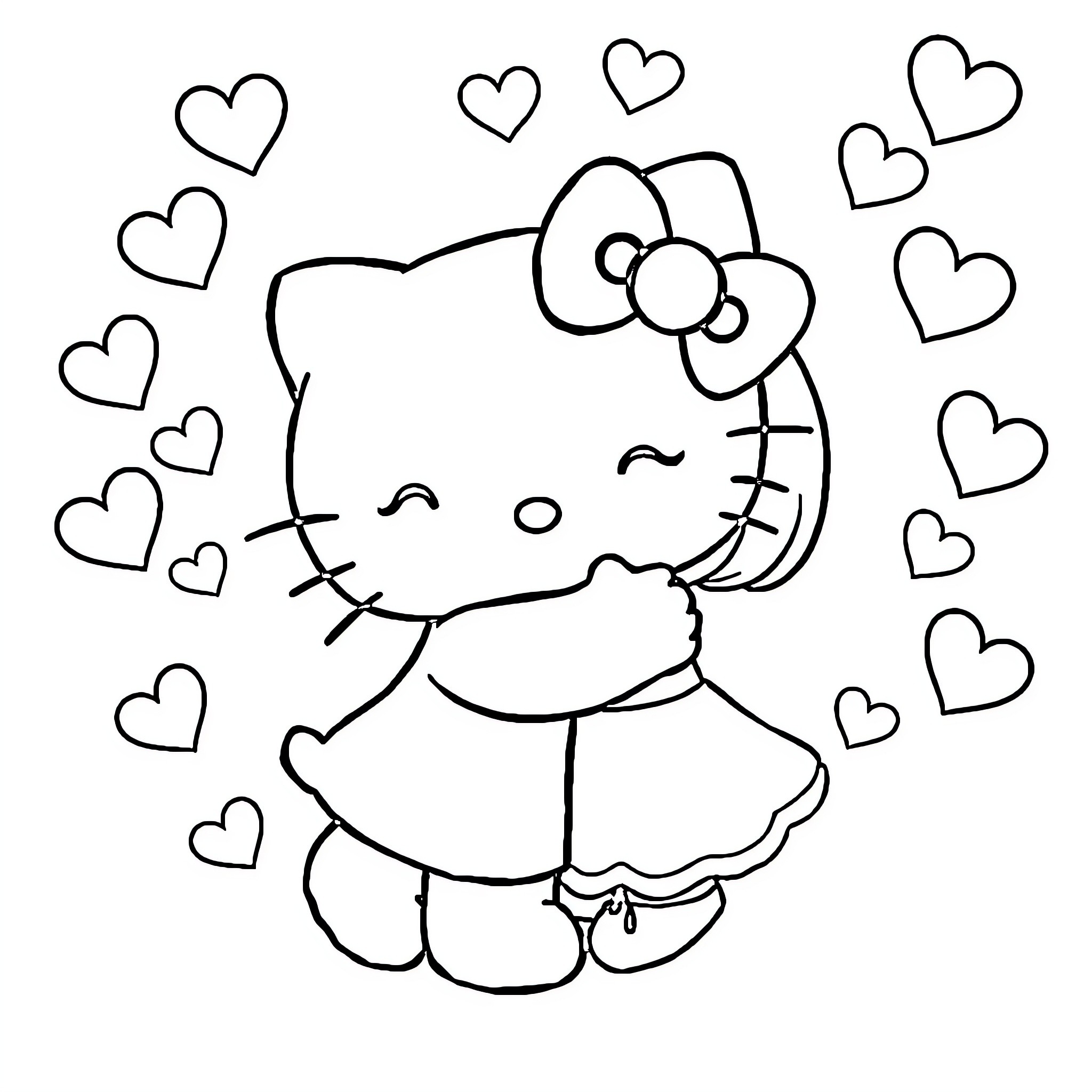 Hello Kitty surrounded by hearts Coloring Page (free black-and-white line drawing printable PDF for all, from beginners to advanced learners, including children, teens, adults, and seniors)
