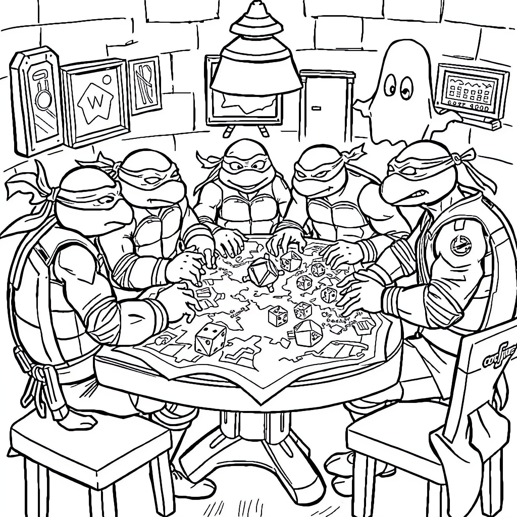 Ninja Turtles' Tactical Planning Session Coloring Page (free black-and-white line drawing printable PDF for all, from beginners to advanced learners, including children, teens, adults, and seniors)