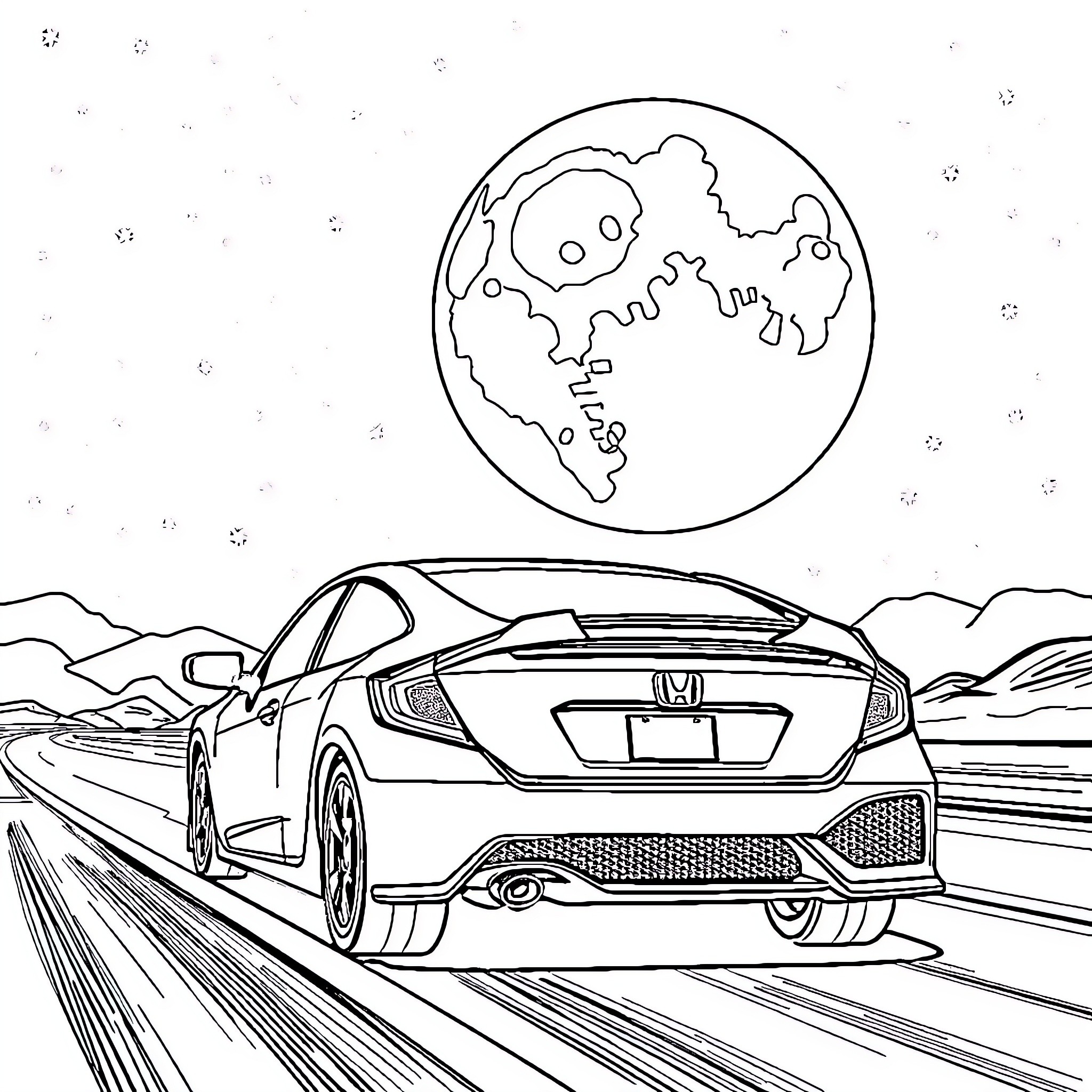 Honda Civic driving on a winding road at night Coloring Page (free black-and-white line drawing printable PDF for all, from beginners to advanced learners, including children, teens, adults, and seniors)