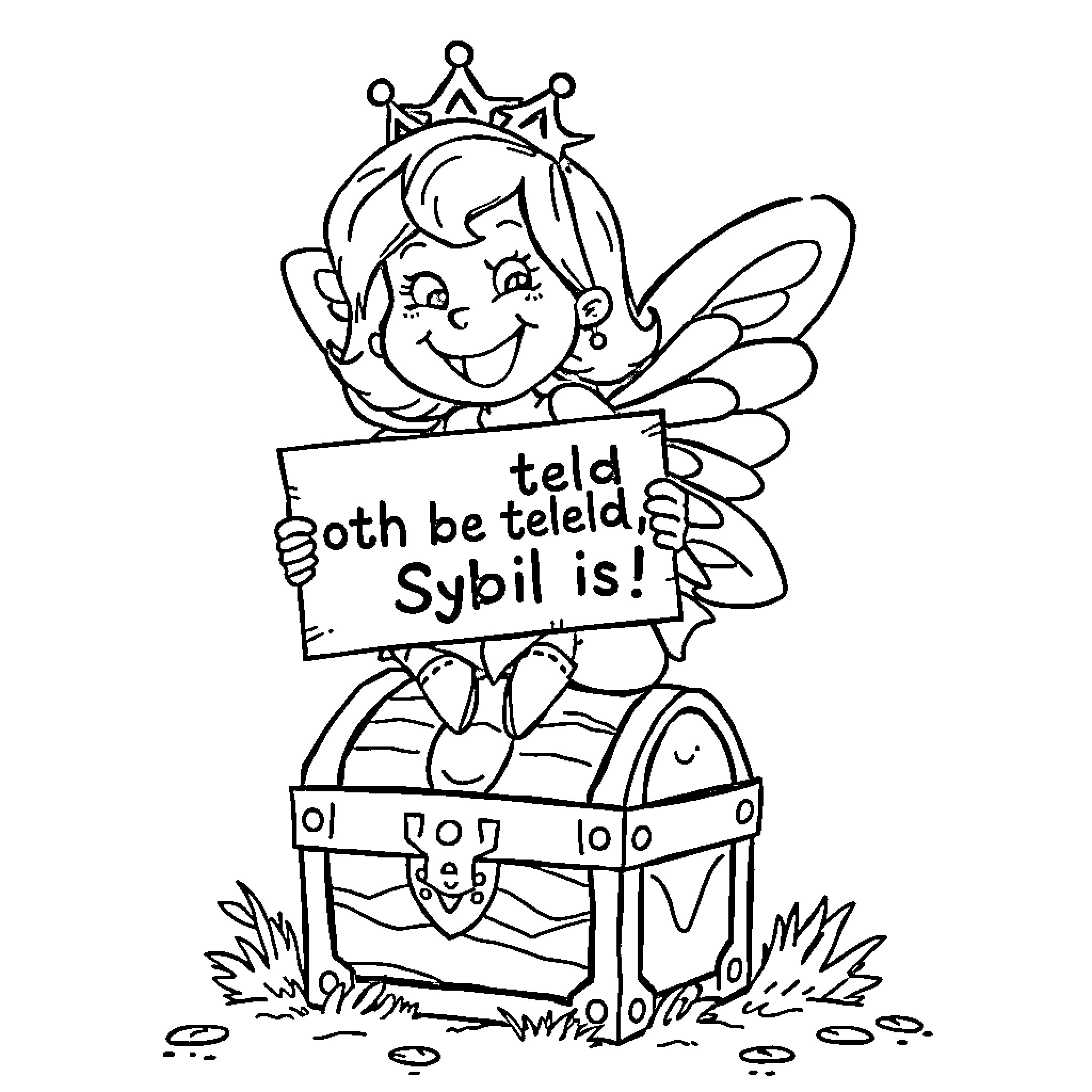 Tooth Fairy announces Sybil's good news Coloring Page (free black-and-white line drawing printable PDF for all, from beginners to advanced learners, including children, teens, adults, and seniors)