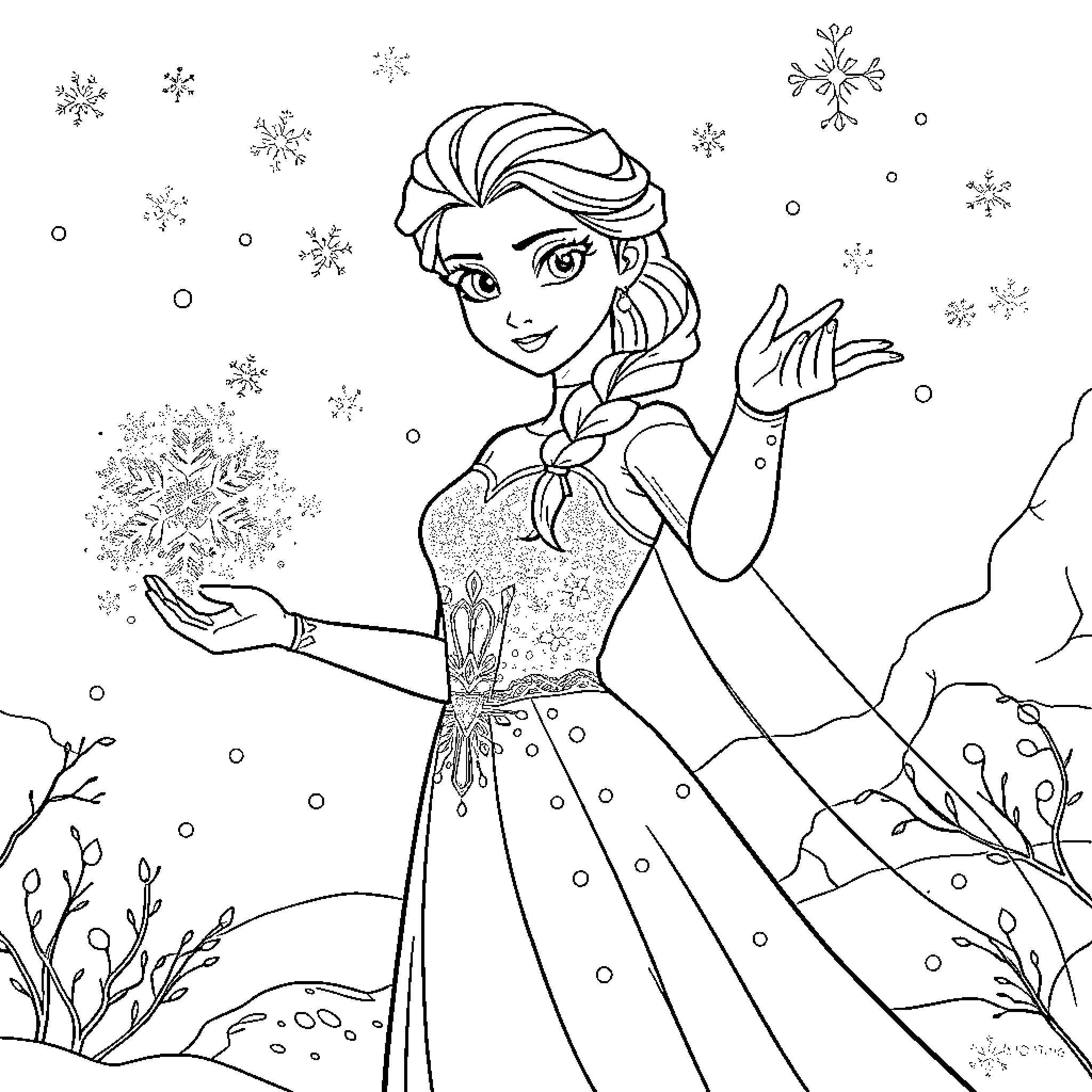 Elsa's Winter Wonderland Adventure Coloring Page (free black-and-white line drawing printable PDF for all, from beginners to advanced learners, including children, teens, adults, and seniors)