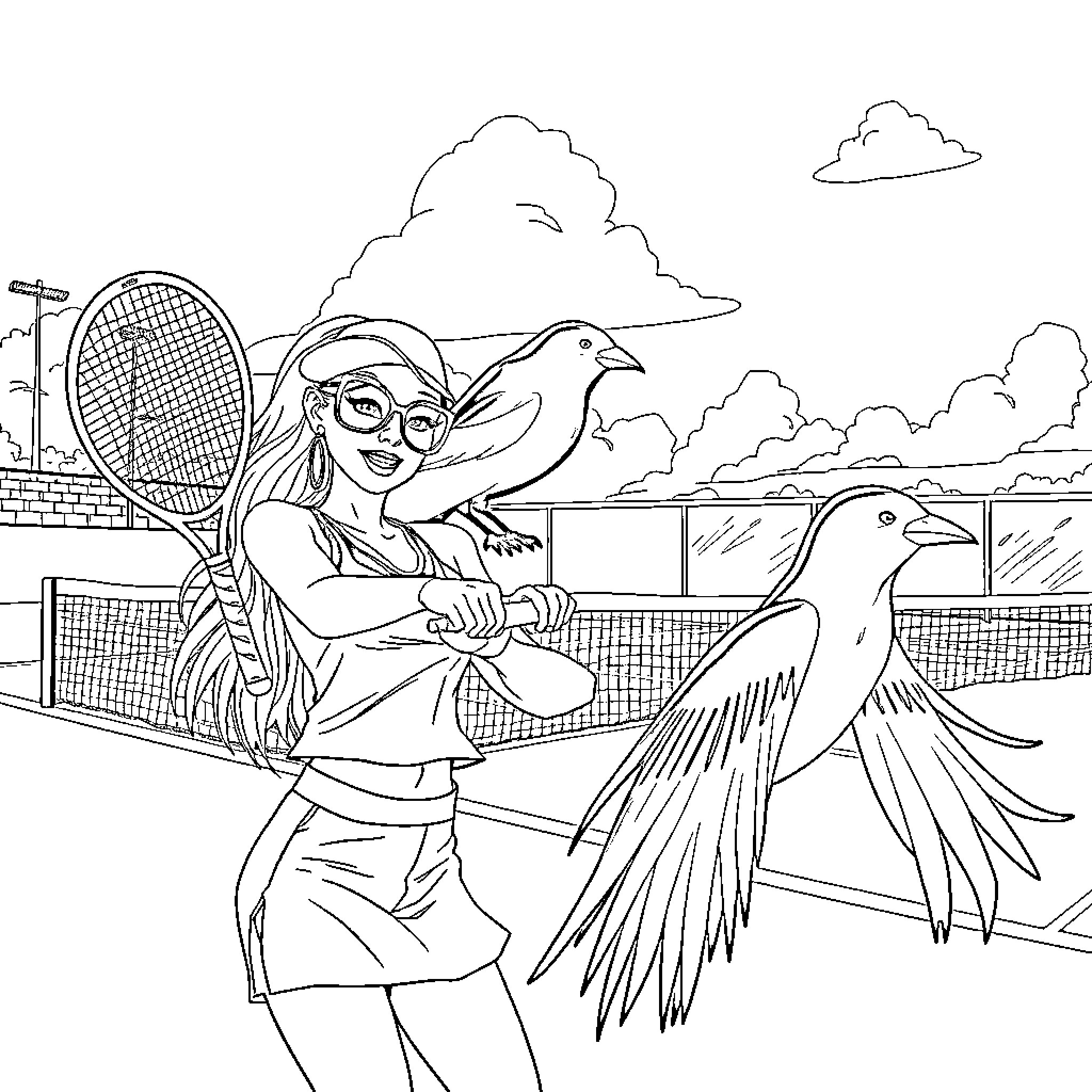 Lady Gaga playing tennis with a dove Coloring Page (free black-and-white line drawing printable PDF for all, from beginners to advanced learners, including children, teens, adults, and seniors)