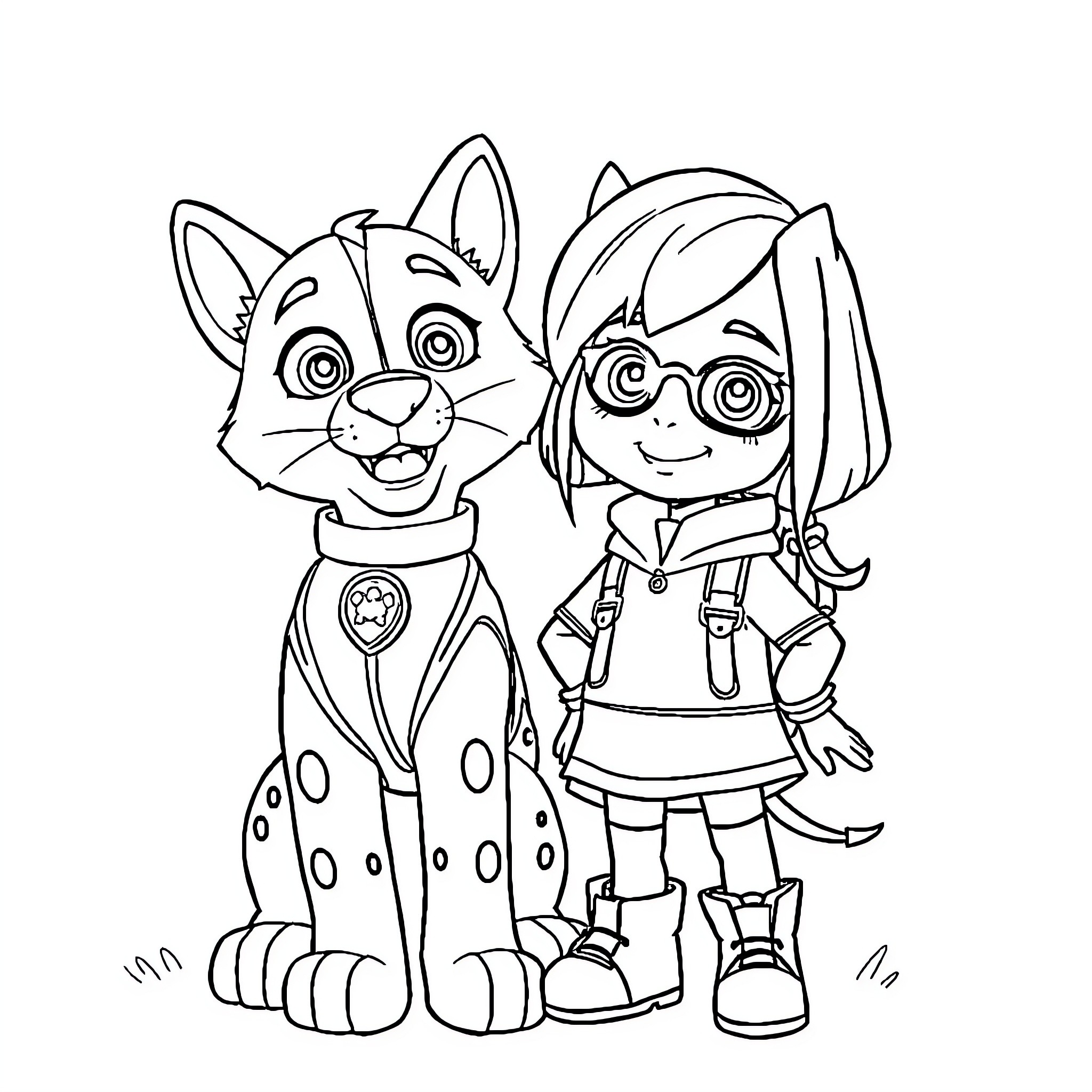 Kuromi and her animal companion in a playful adventure Coloring Page (free black-and-white line drawing printable PDF for all, from beginners to advanced learners, including children, teens, adults, and seniors)