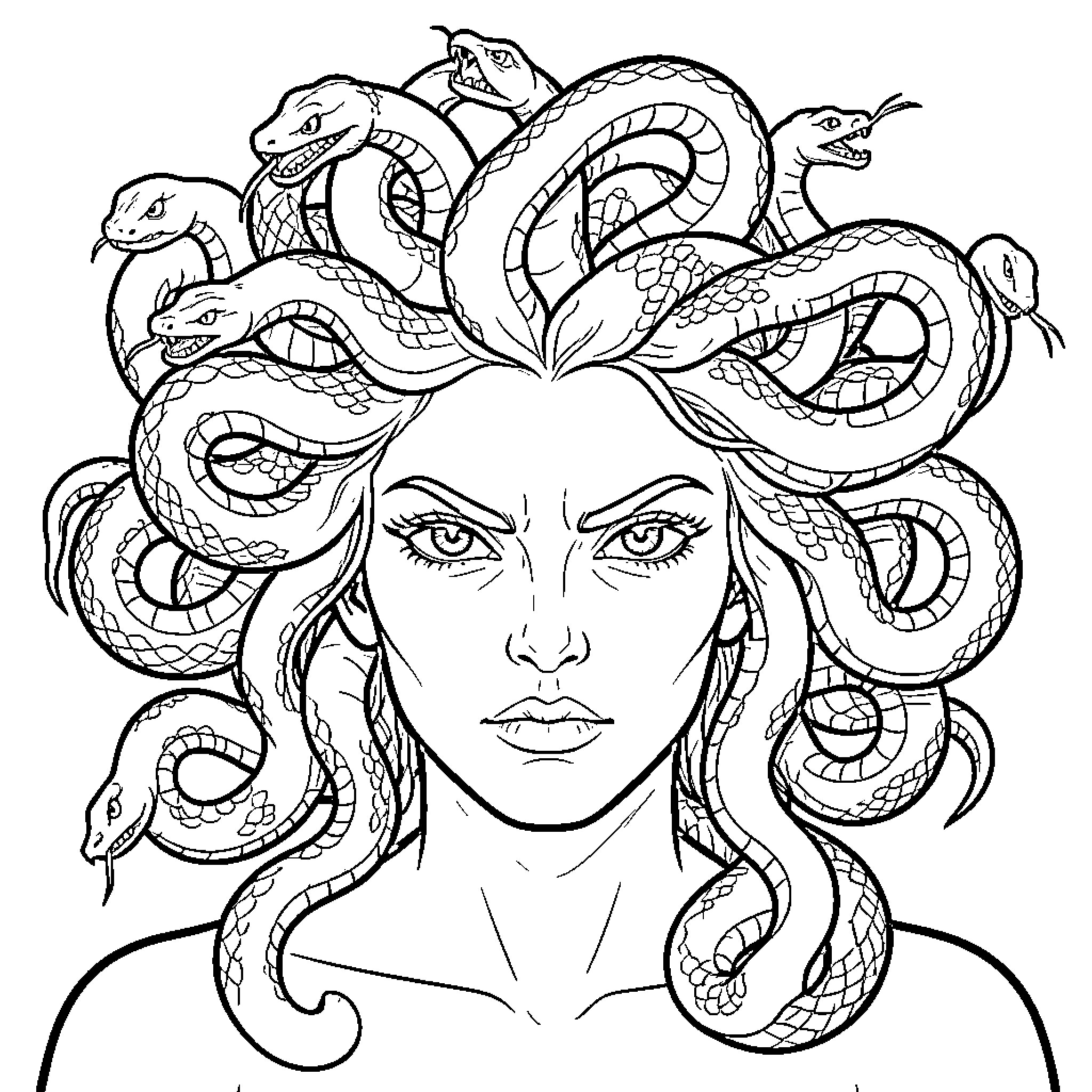 Medusa surrounded by snakes with piercing gaze Coloring Page (free black-and-white line drawing printable PDF for all, from beginners to advanced learners, including children, teens, adults, and seniors)