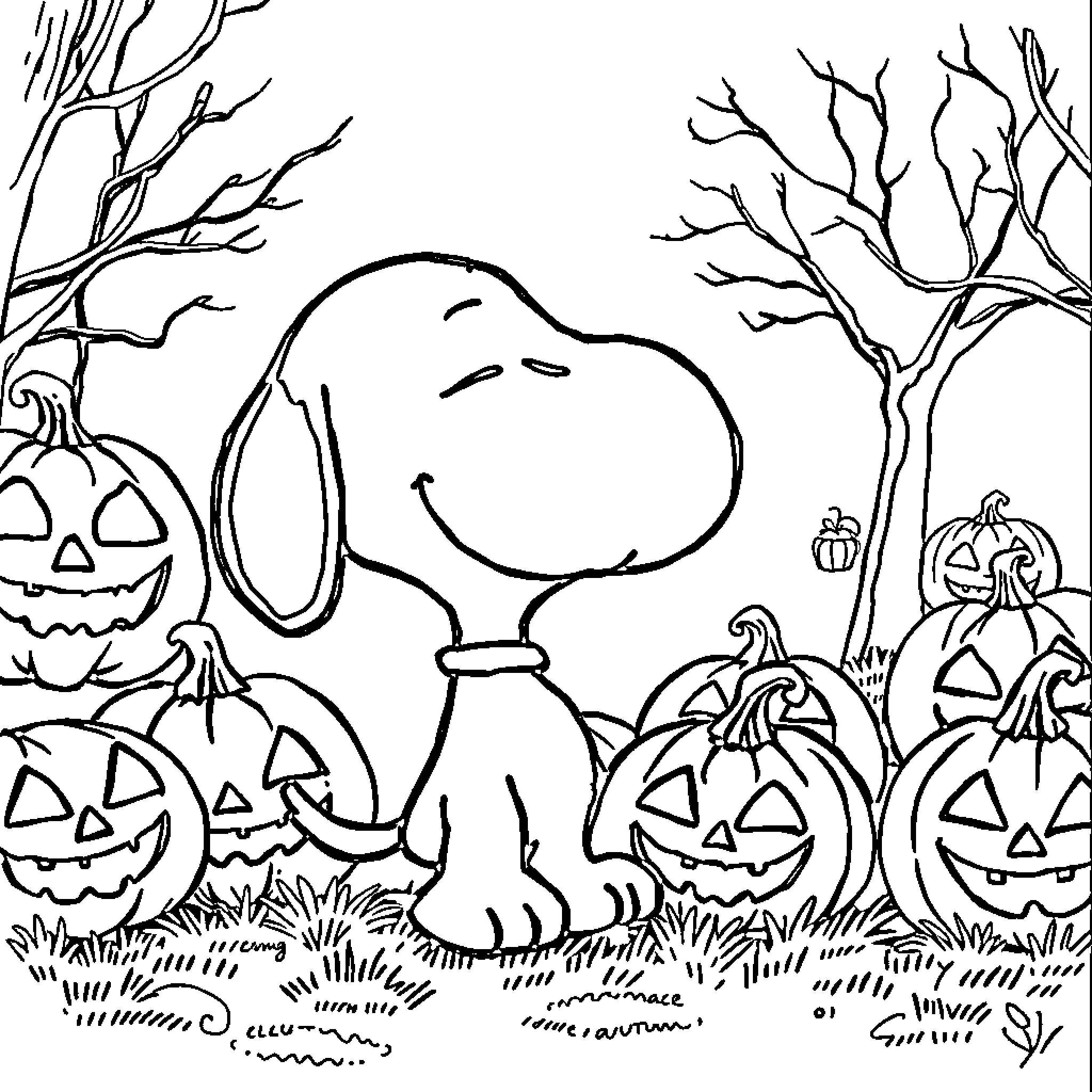 Snoopy Celebrates Halloween with Pumpkins Coloring Page (free black-and-white line drawing printable PDF for all, from beginners to advanced learners, including children, teens, adults, and seniors)