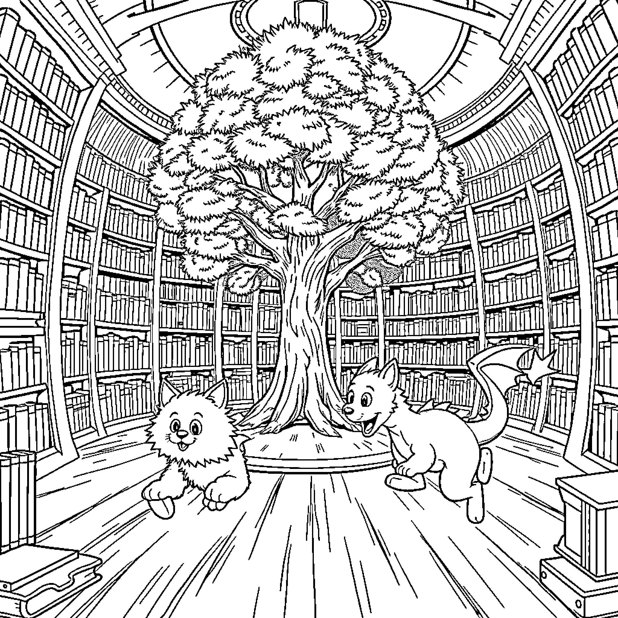 Cat Exploring Magical Library Coloring Page (free black-and-white line drawing printable PDF for all, from beginners to advanced learners, including children, teens, adults, and seniors)