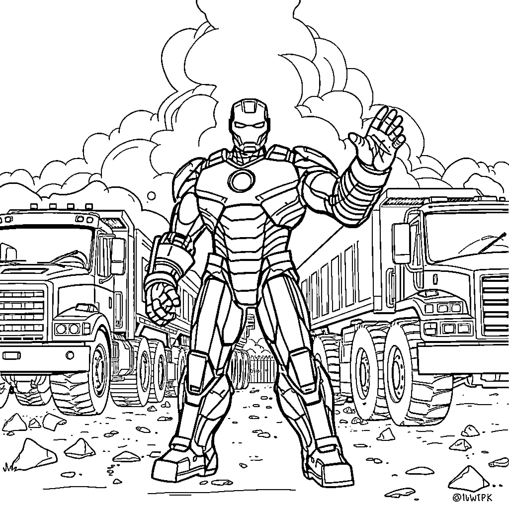 Iron Man heroically stands amidst destruction Coloring Page (free black-and-white line drawing printable PDF for all, from beginners to advanced learners, including children, teens, adults, and seniors)
