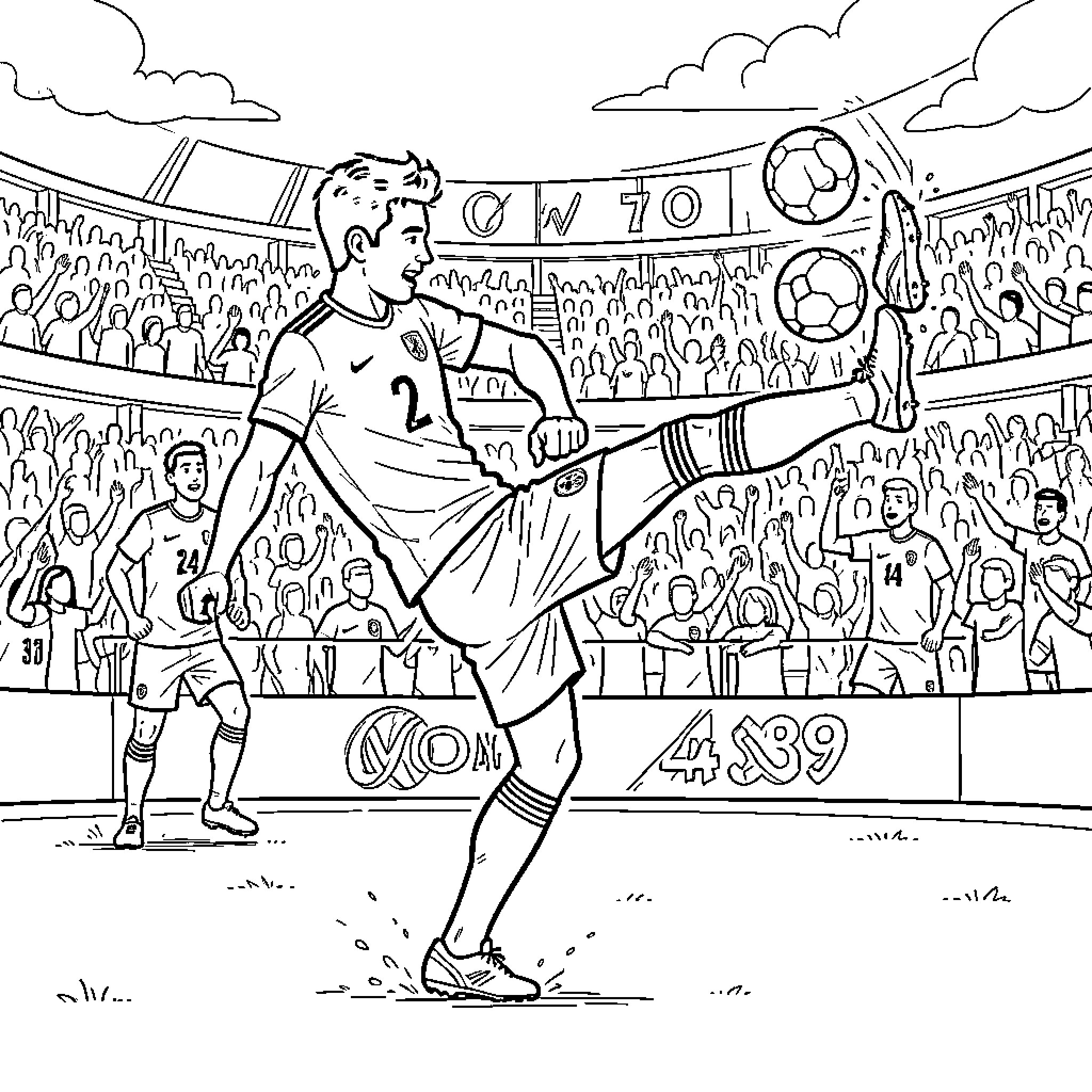 Michael Olise kicking a soccer ball in a stadium Coloring Page (free black-and-white line drawing printable PDF for all, from beginners to advanced learners, including children, teens, adults, and seniors)