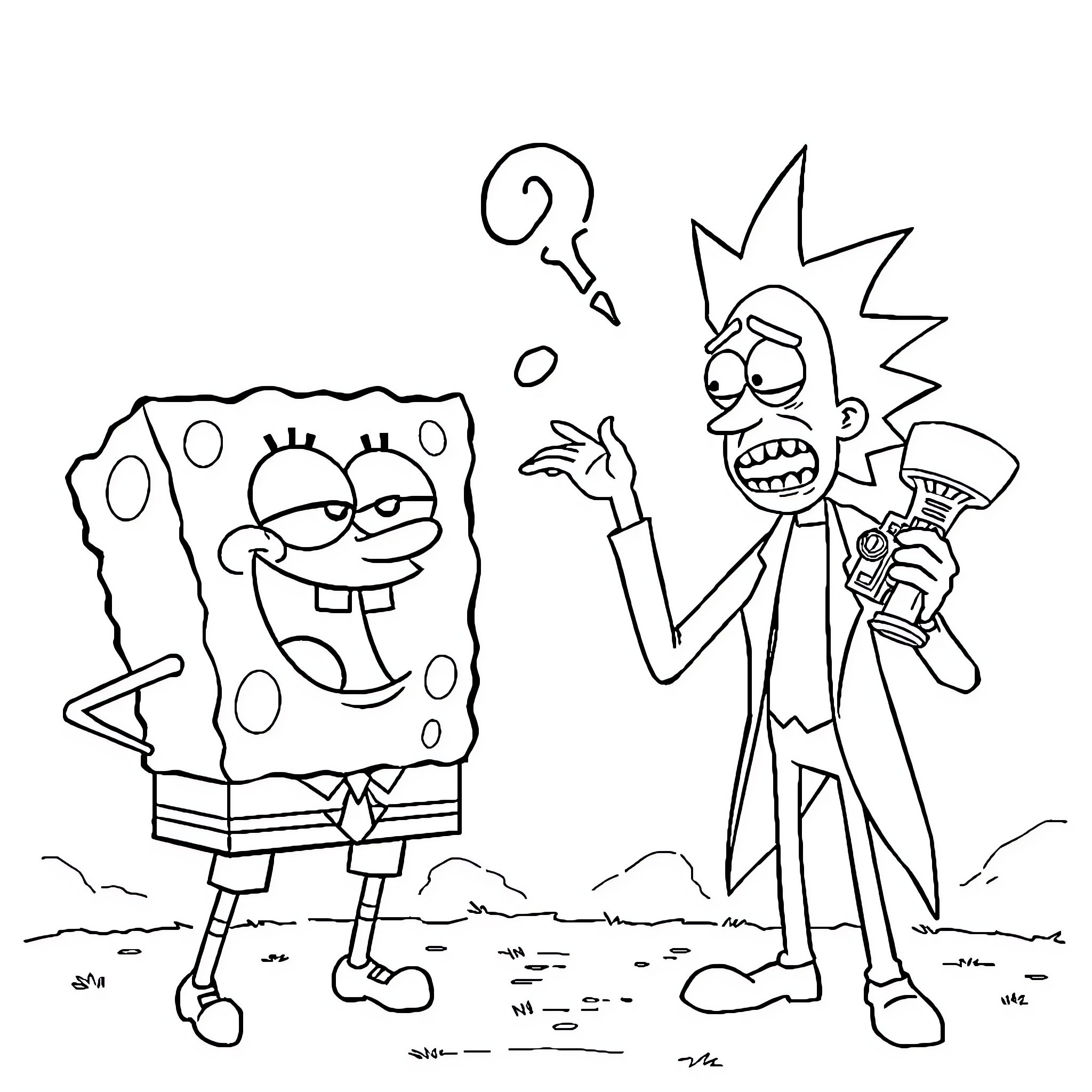 Spongebob and Crazy-Haired Character in Expressive Poses Coloring Page (free black-and-white line drawing printable PDF for all, from beginners to advanced learners, including children, teens, adults, and seniors)