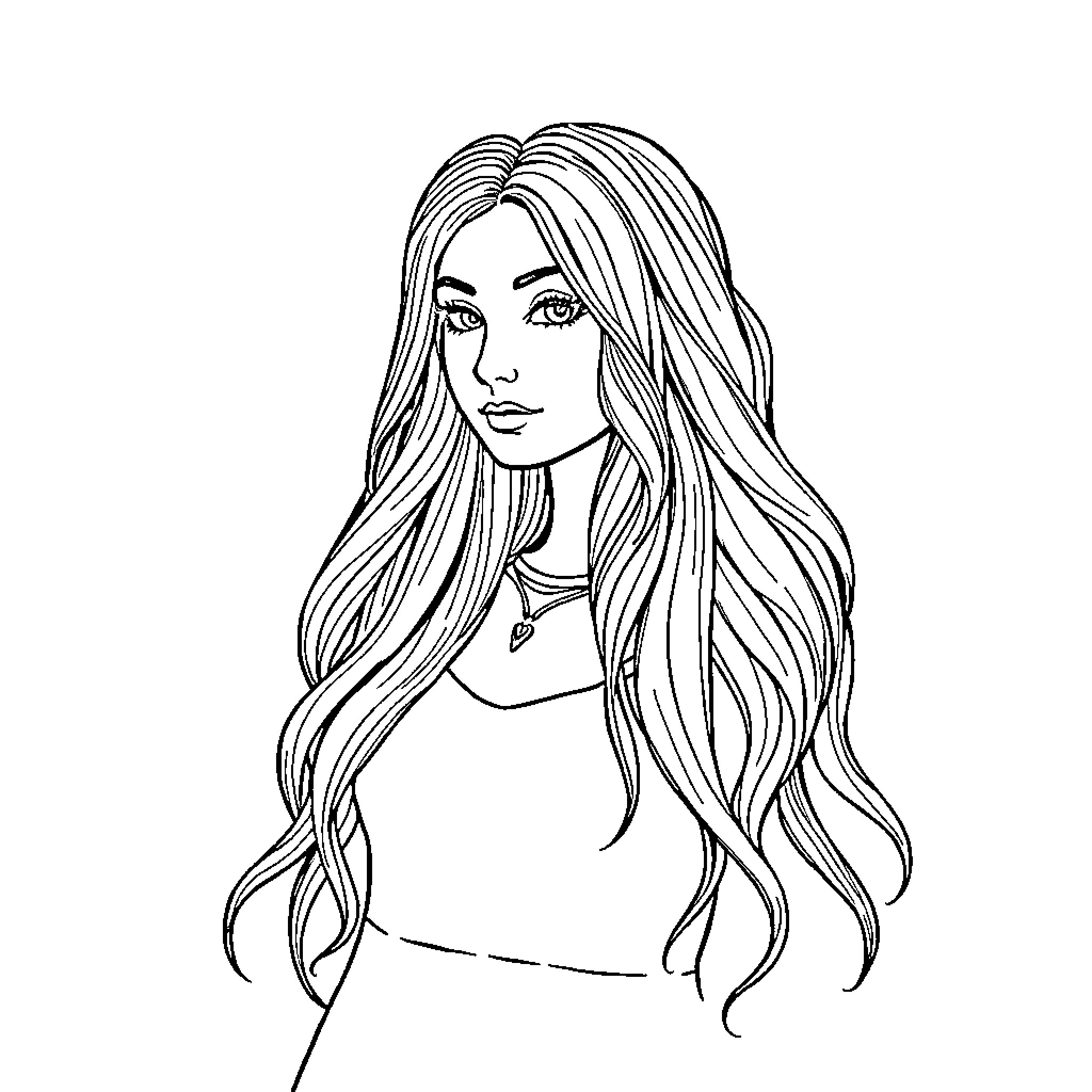 Picture of a young woman with long, flowing hair Coloring Page (free black-and-white line drawing printable PDF for all, from beginners to advanced learners, including children, teens, adults, and seniors)