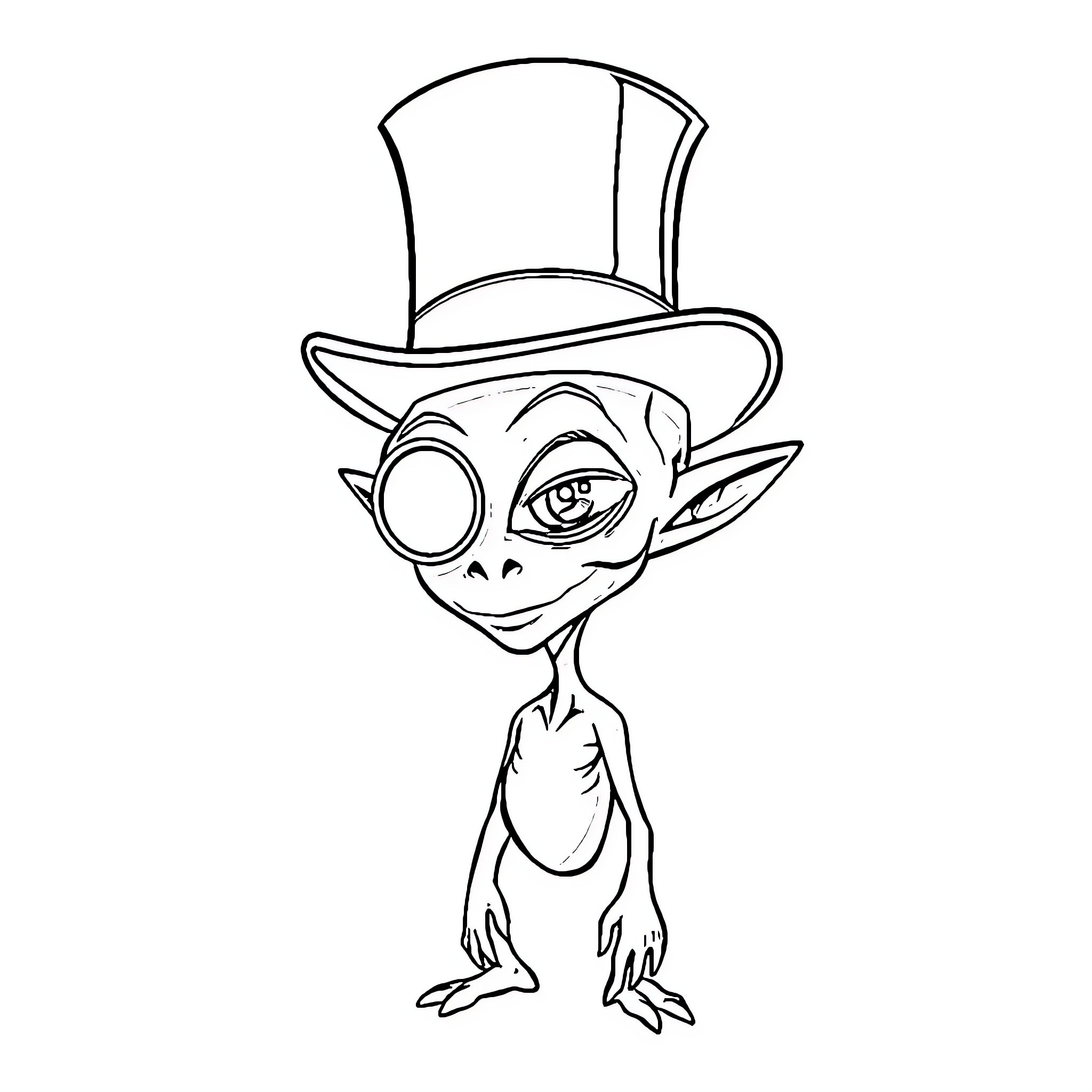 Alien Creature Wearing Fancy Top Hat Coloring Page (free black-and-white line drawing printable PDF for all, from beginners to advanced learners, including children, teens, adults, and seniors)