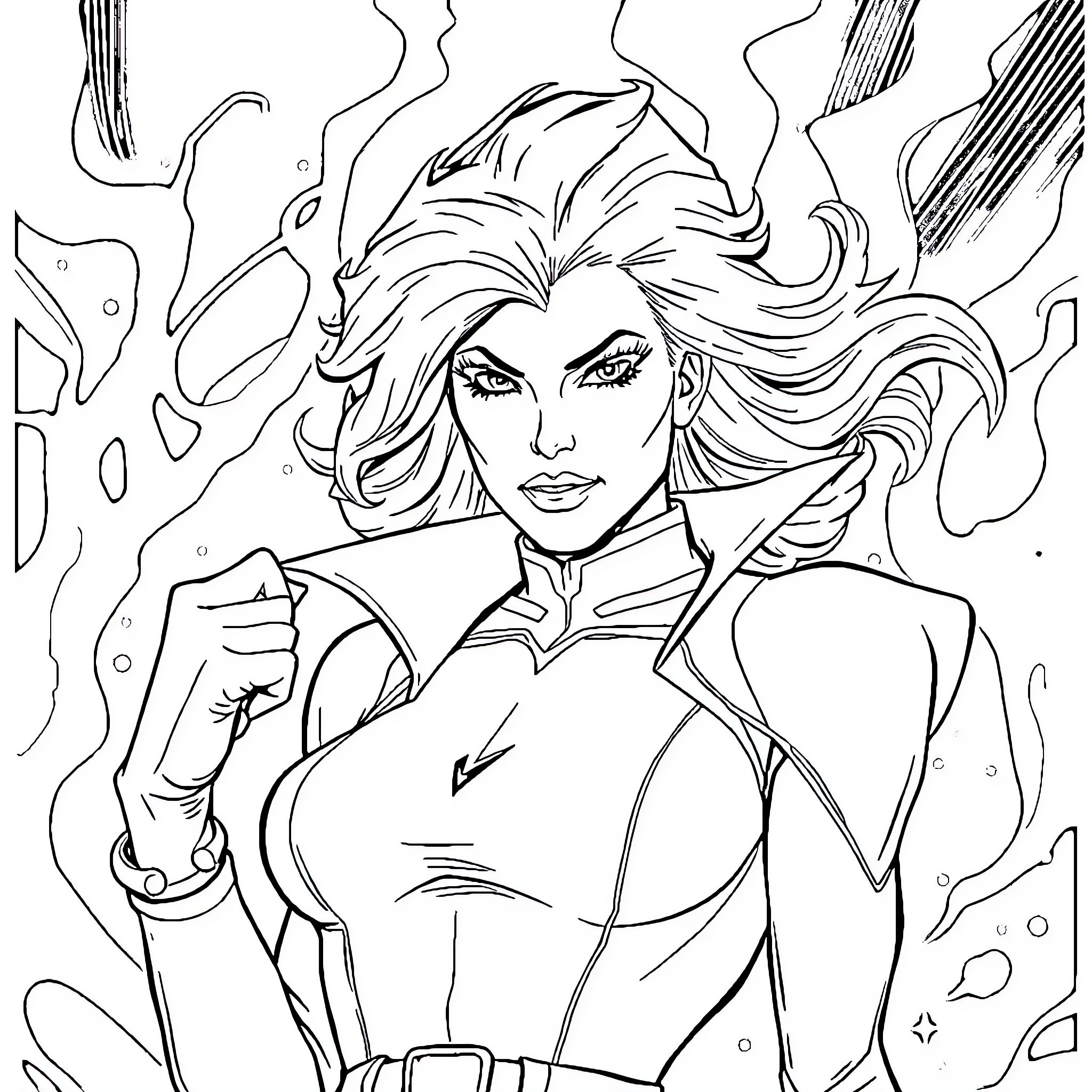 Emma Frost Wielding Her Powerful Abilities Coloring Page (free black-and-white line drawing printable PDF for all, from beginners to advanced learners, including children, teens, adults, and seniors)