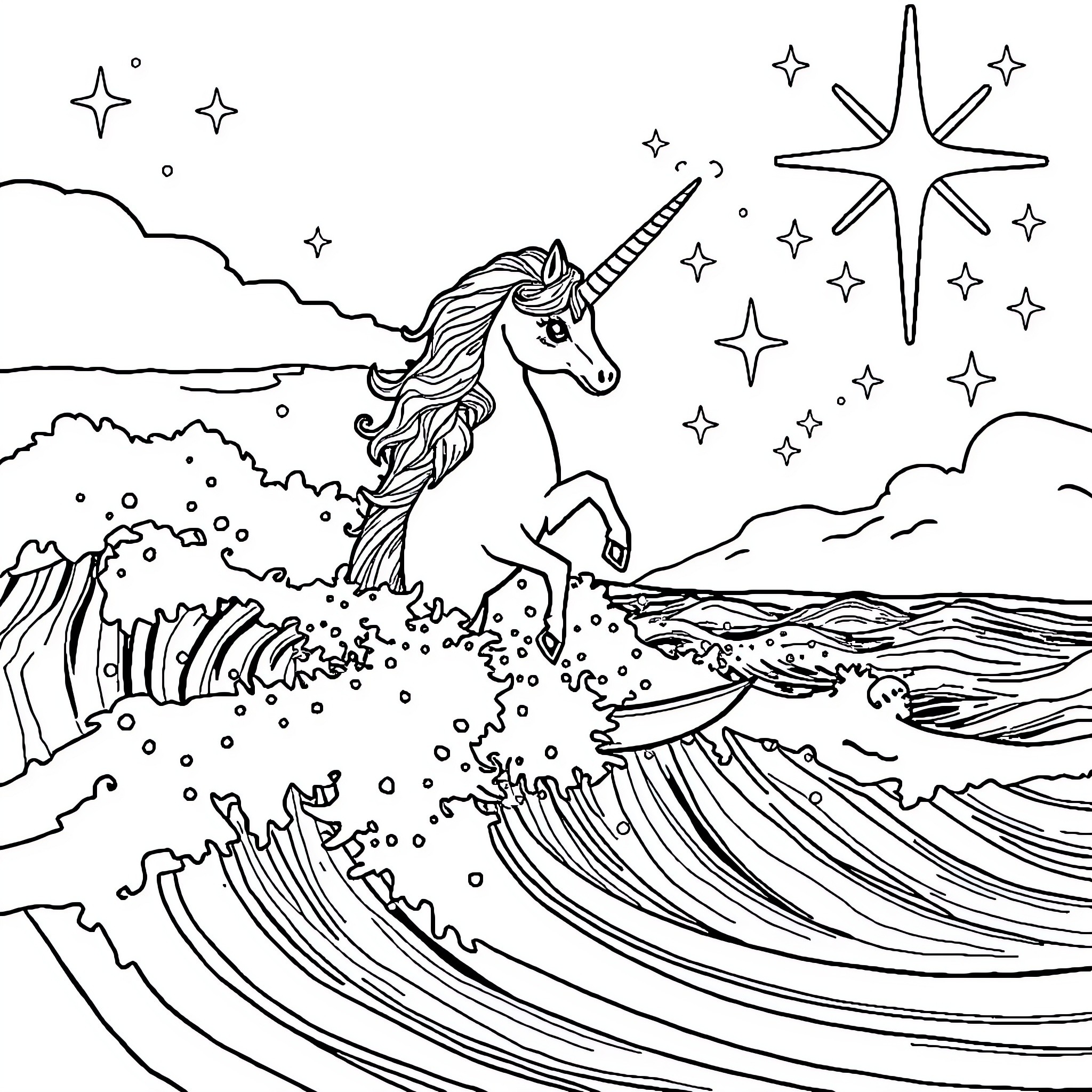 Unicorn Galloping through Magical Waves and Stars Coloring Page (free black-and-white line drawing printable PDF for all, from beginners to advanced learners, including children, teens, adults, and seniors)