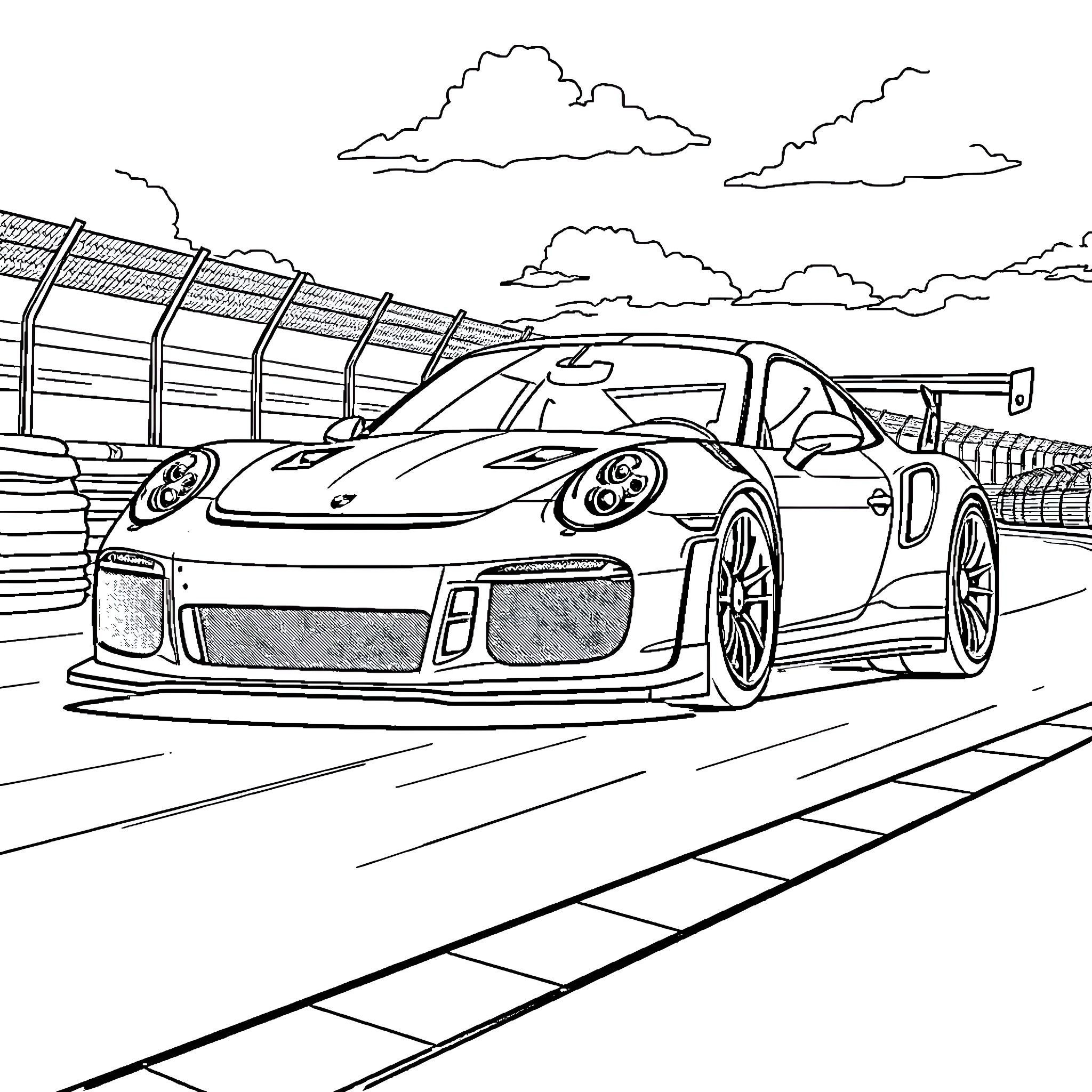Porsche speeding on the racetrack Coloring Page (free black-and-white line drawing printable PDF for all, from beginners to advanced learners, including children, teens, adults, and seniors)