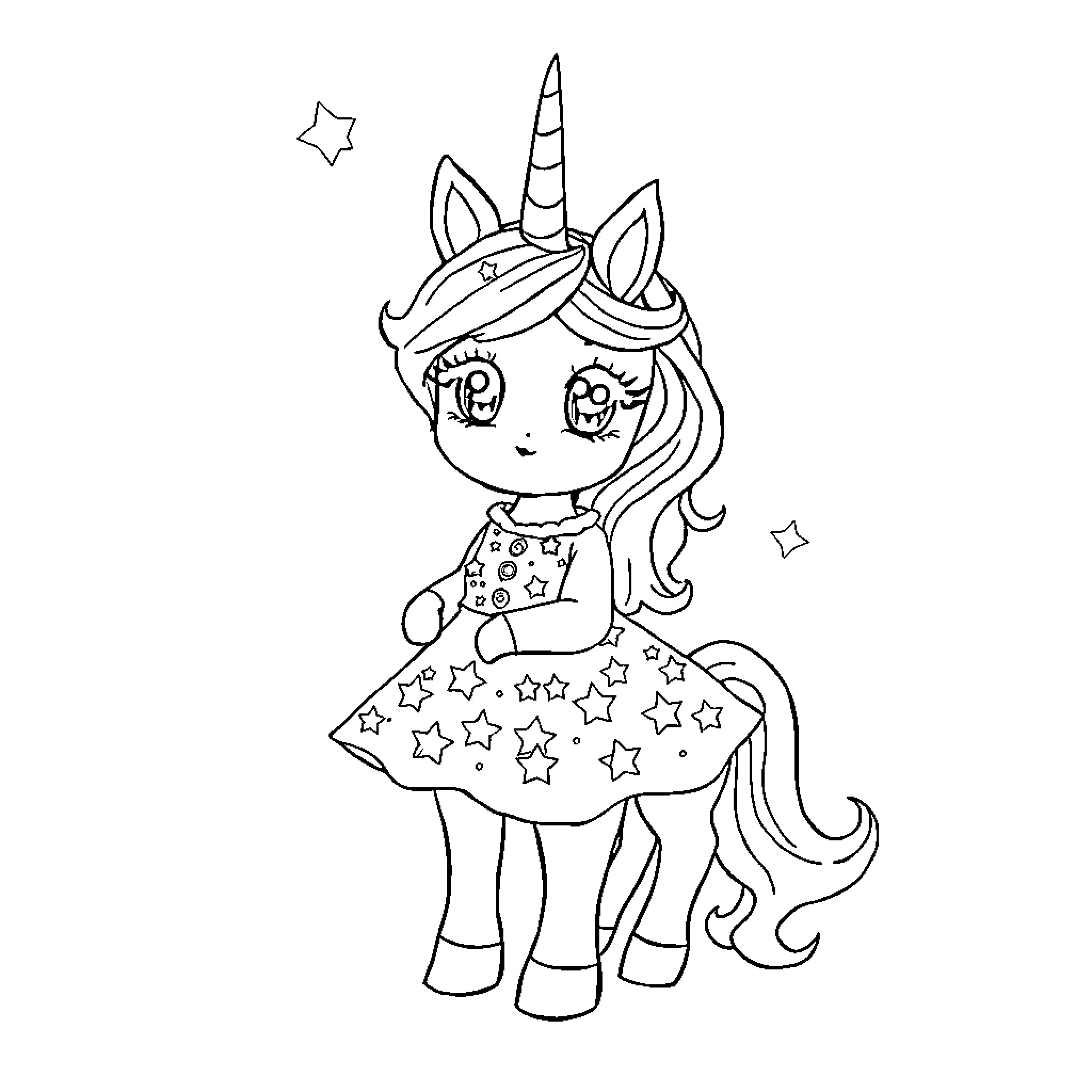 Unicorn wearing a starry dress and smiling Coloring Page (free black-and-white line drawing printable PDF for all, from beginners to advanced learners, including children, teens, adults, and seniors)