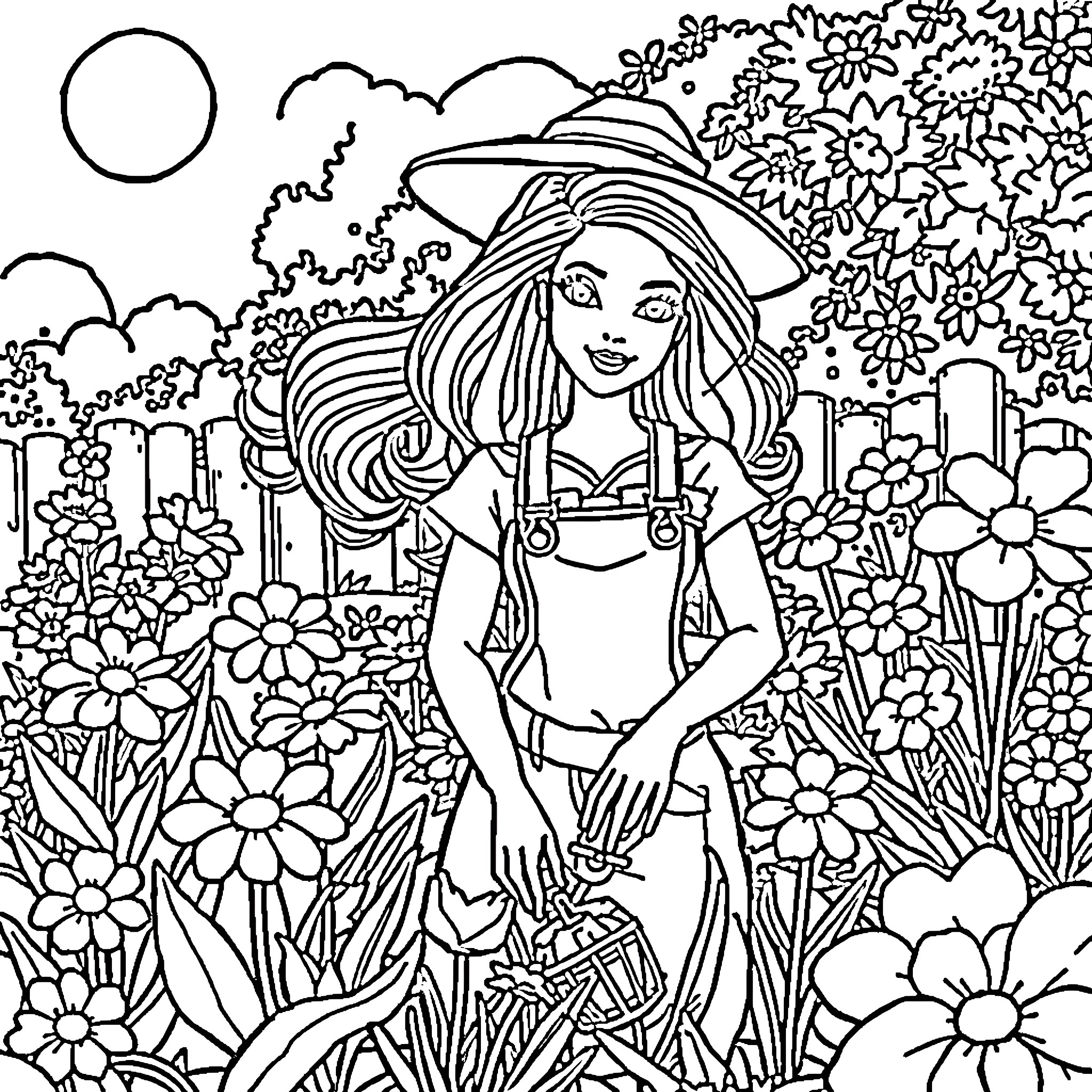 Barbie enjoying a garden scene with flowers Coloring Page (free black-and-white line drawing printable PDF for all, from beginners to advanced learners, including children, teens, adults, and seniors)