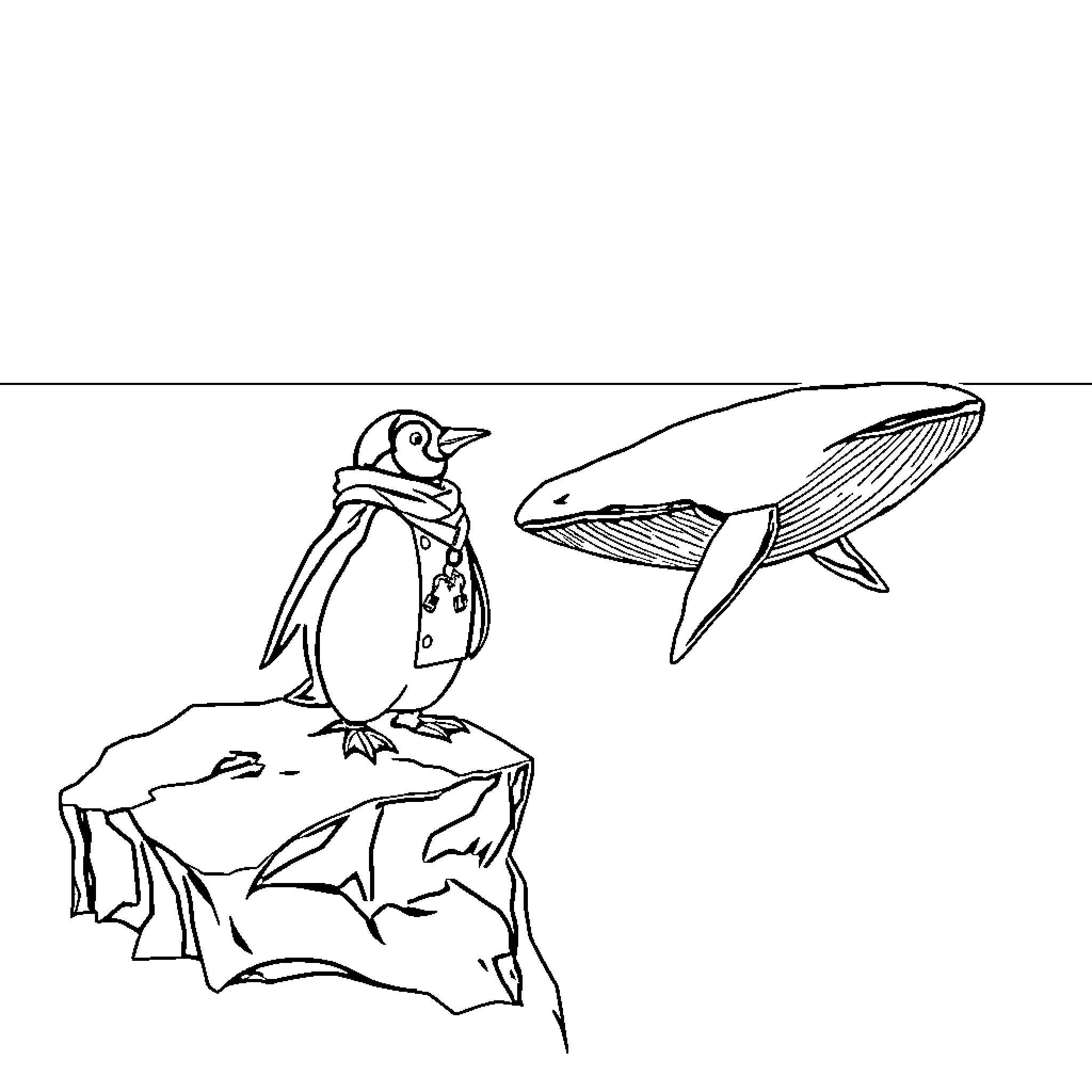 Penguin and Whale in Arctic Landscape Coloring Page (free black-and-white line drawing printable PDF for all, from beginners to advanced learners, including children, teens, adults, and seniors)