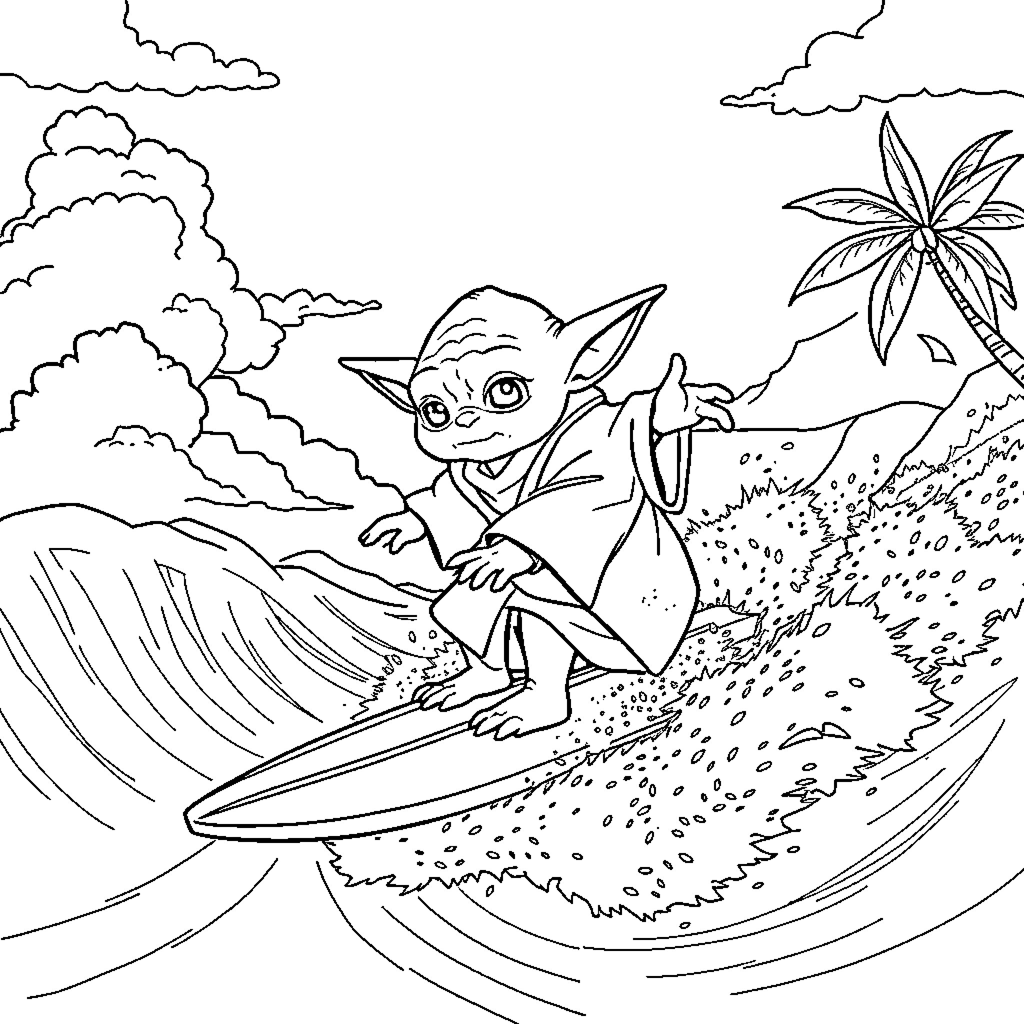 Yoda surfing through the waves on a tropical beach Coloring Page (free black-and-white line drawing printable PDF for all, from beginners to advanced learners, including children, teens, adults, and seniors)