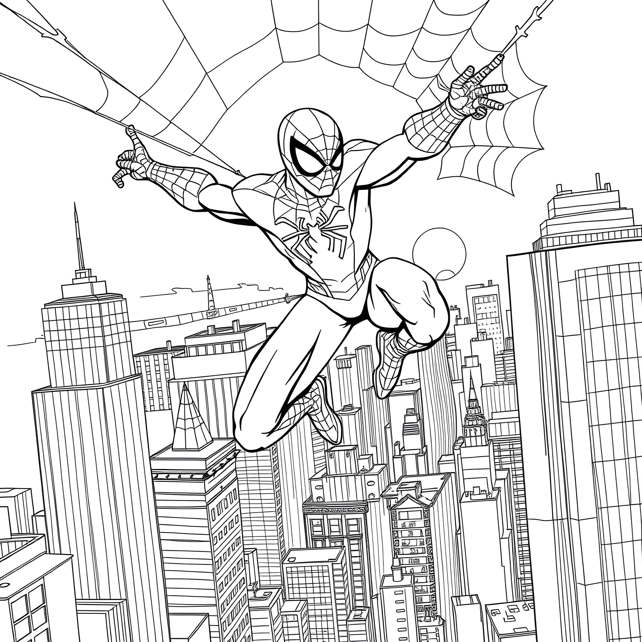 Spiderman swinging through the city skyline Coloring Page (free black-and-white line drawing printable PDF for all, from beginners to advanced learners, including children, teens, adults, and seniors)