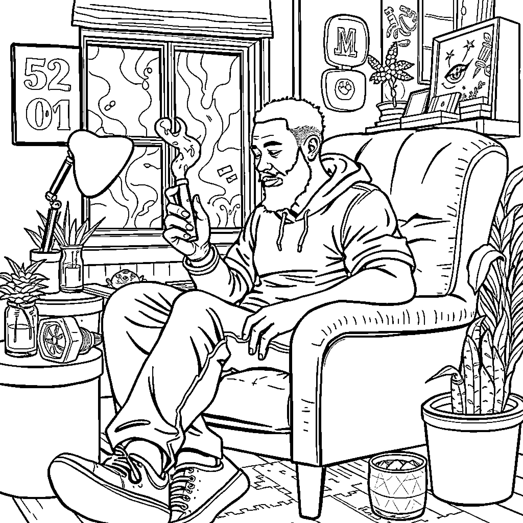 Stoner enjoying a relaxing moment at home Coloring Page (free black-and-white line drawing printable PDF for all, from beginners to advanced learners, including children, teens, adults, and seniors)