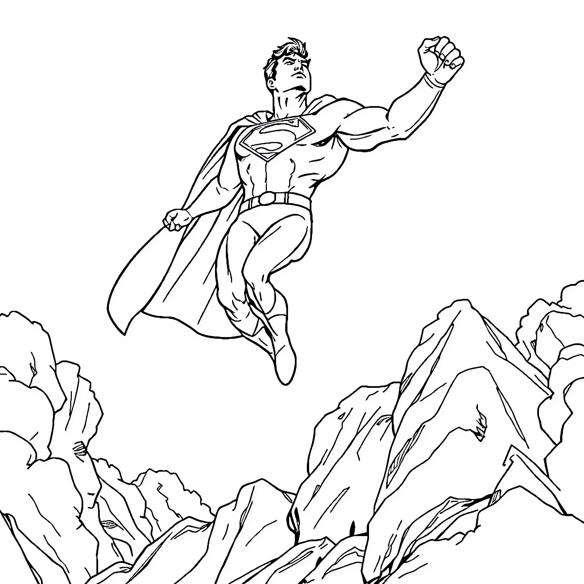 Superman soaring over rocky mountains Coloring Page (free black-and-white line drawing printable PDF for all, from beginners to advanced learners, including children, teens, adults, and seniors)
