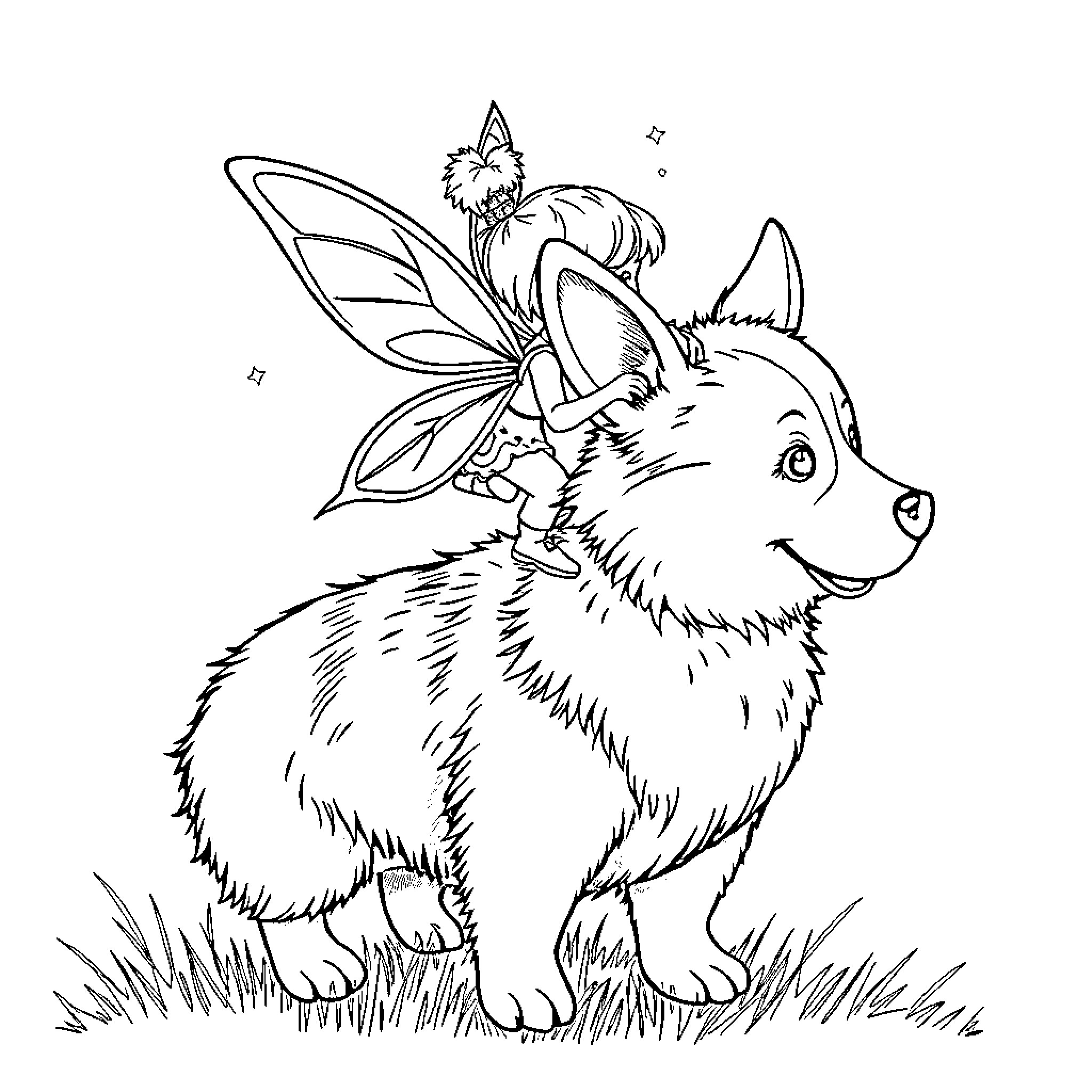 Fairy Puppy with Butterfly Wings in Meadow Coloring Page (free black-and-white line drawing printable PDF for all, from beginners to advanced learners, including children, teens, adults, and seniors)