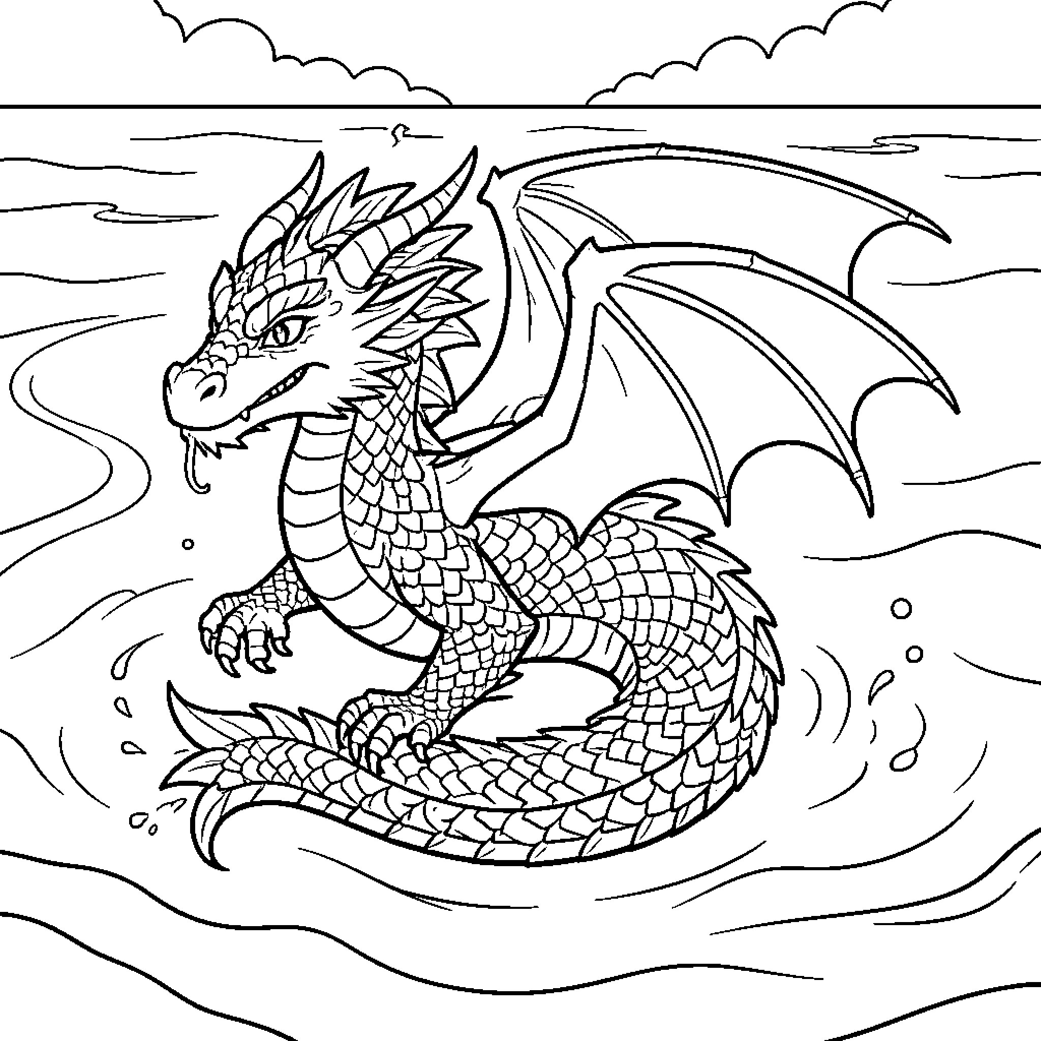 Dragon emerging from waves in the ocean Coloring Page (free black-and-white line drawing printable PDF for all, from beginners to advanced learners, including children, teens, adults, and seniors)