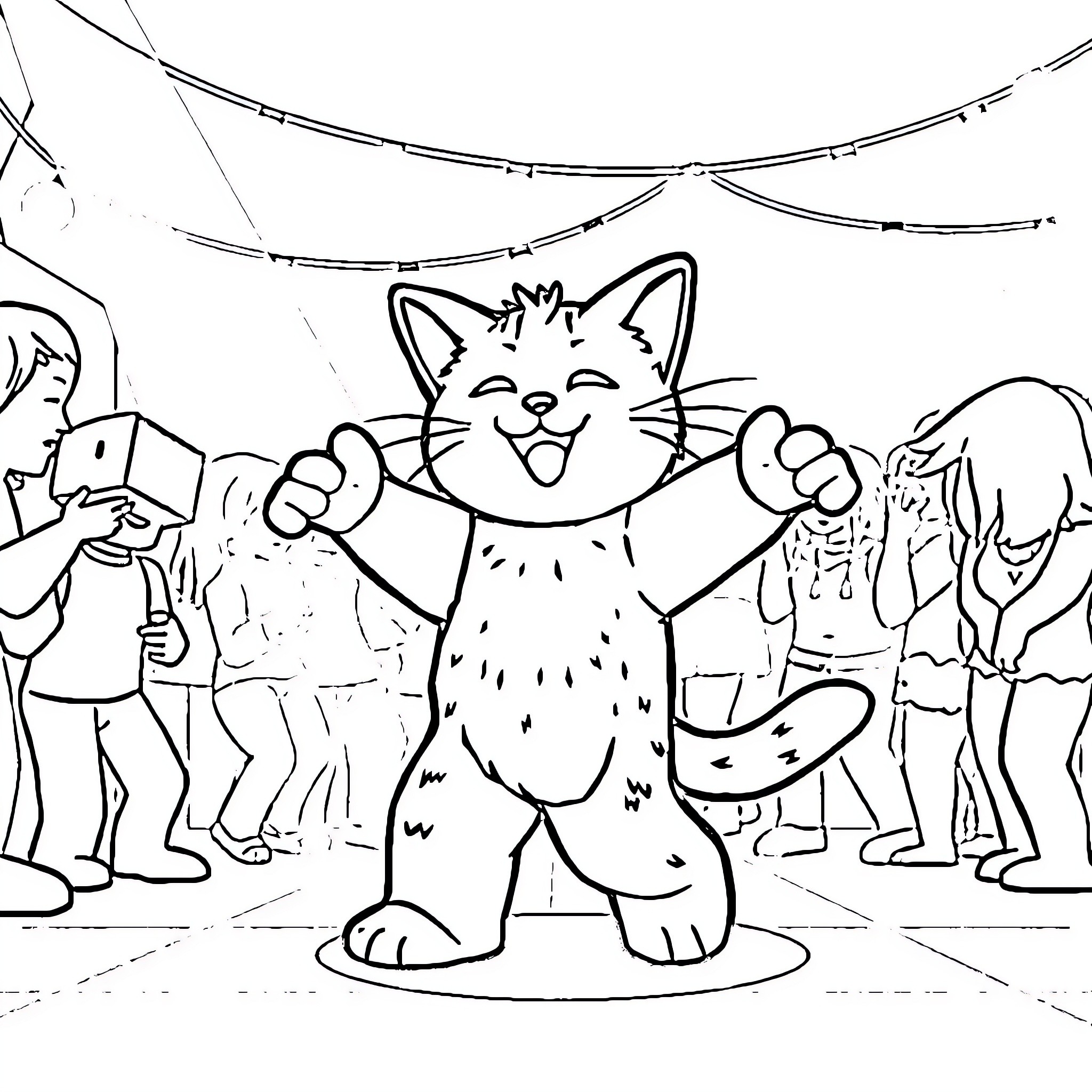 Cat celebrating joyfully with a crowd Coloring Page (free black-and-white line drawing printable PDF for all, from beginners to advanced learners, including children, teens, adults, and seniors)