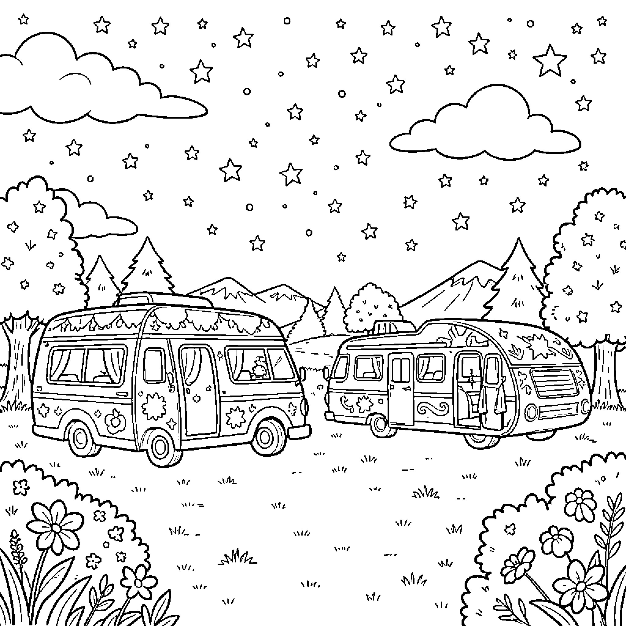 Magicamper enjoying starry night camping adventure Coloring Page (free black-and-white line drawing printable PDF for all, from beginners to advanced learners, including children, teens, adults, and seniors)