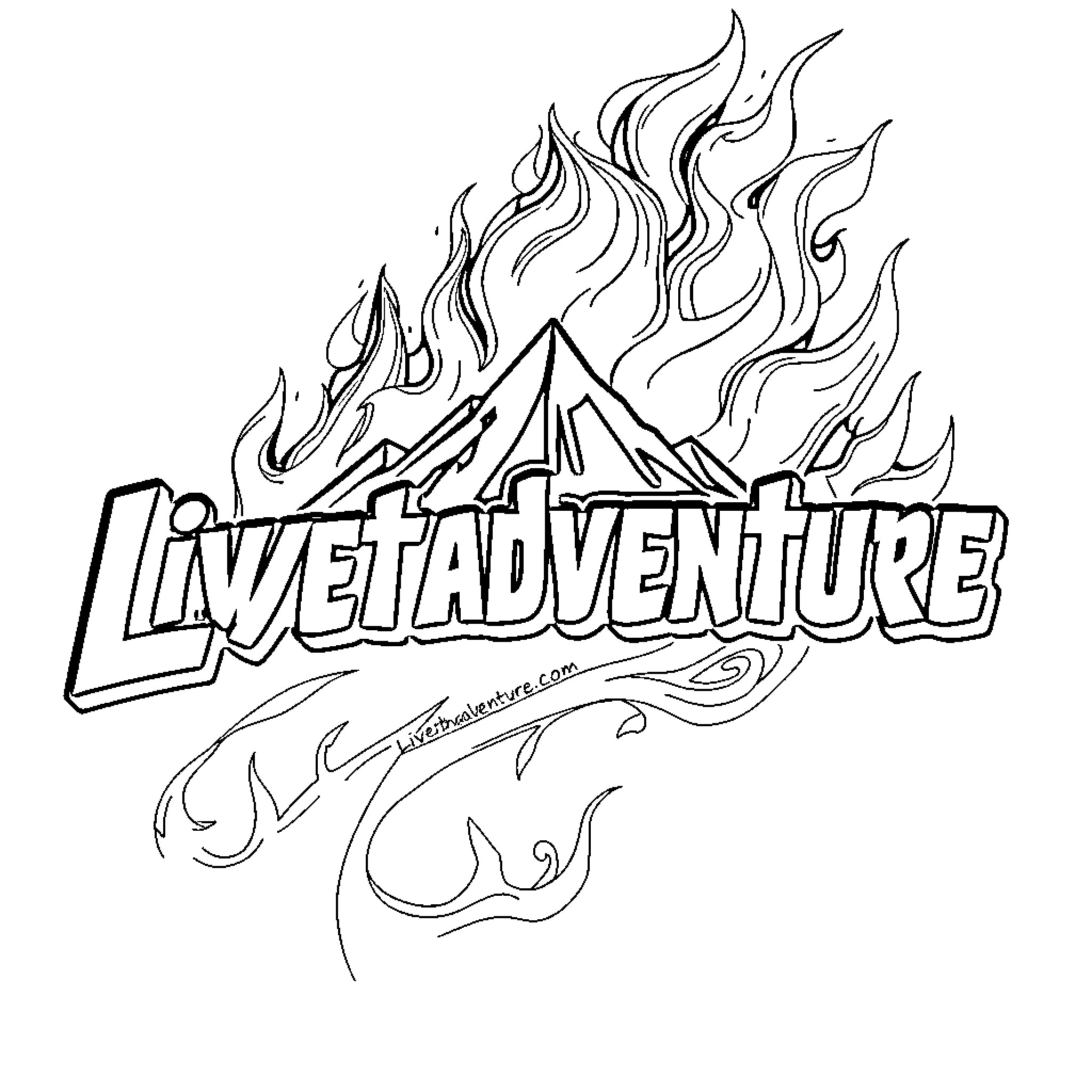 Logo for Live the Adventure with Fiery Flames Coloring Page (free black-and-white line drawing printable PDF for all, from beginners to advanced learners, including children, teens, adults, and seniors)