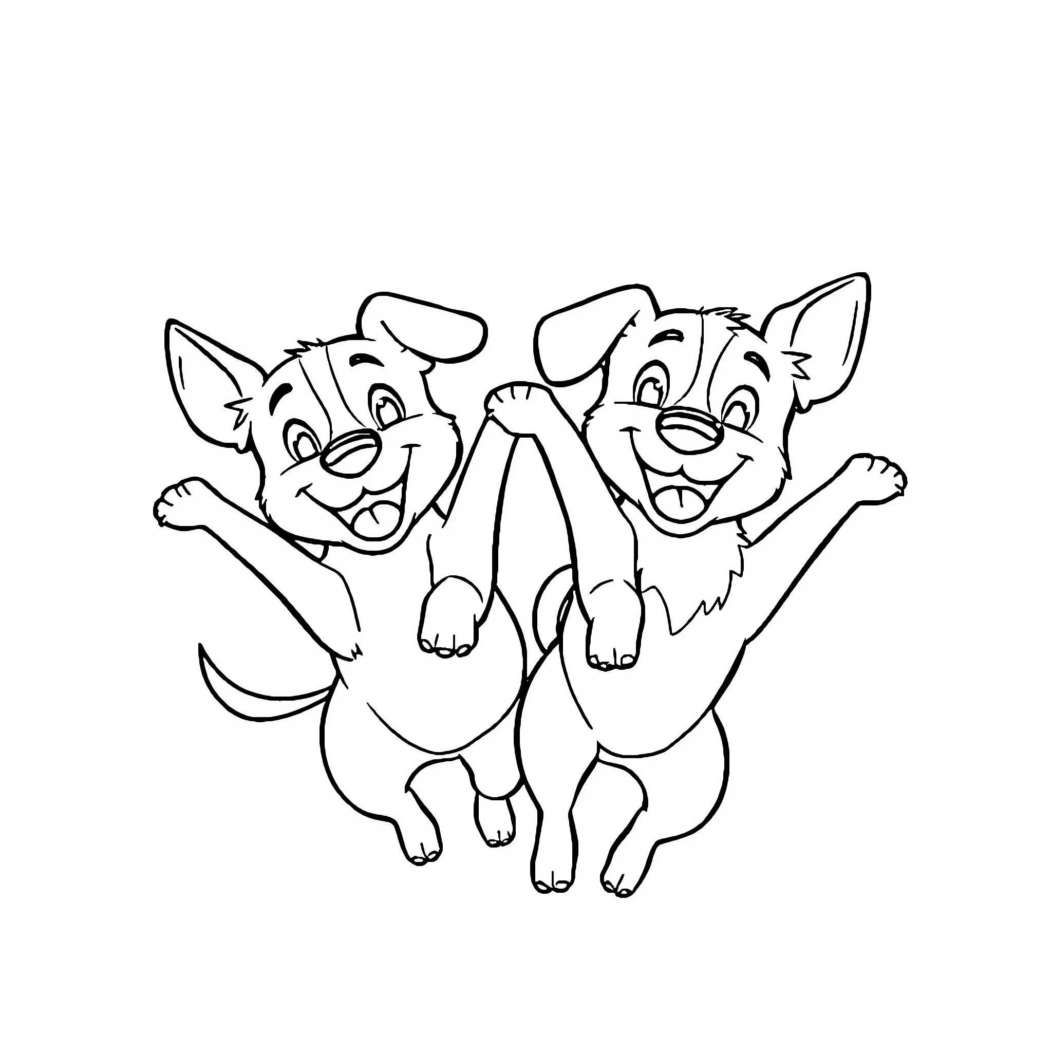 Dogs playing joyfully together Coloring Page (free black-and-white line drawing printable PDF for all, from beginners to advanced learners, including children, teens, adults, and seniors)